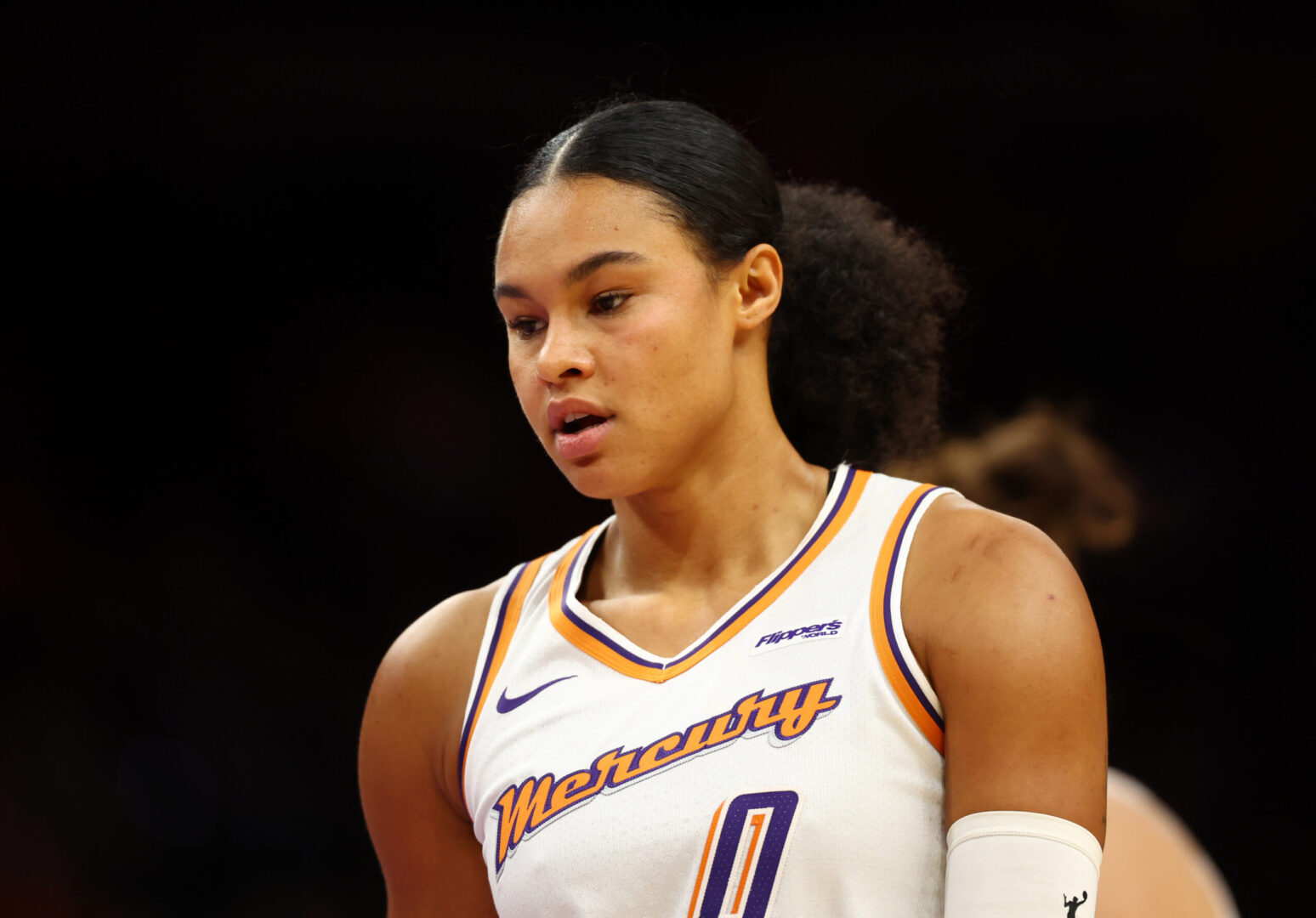 Phoenix Mercury forward Satou Sabally against the Golden State Valkyries during a preseason game on May 11, 2025. Credit: Mark J. Rebilas-Imagn Images