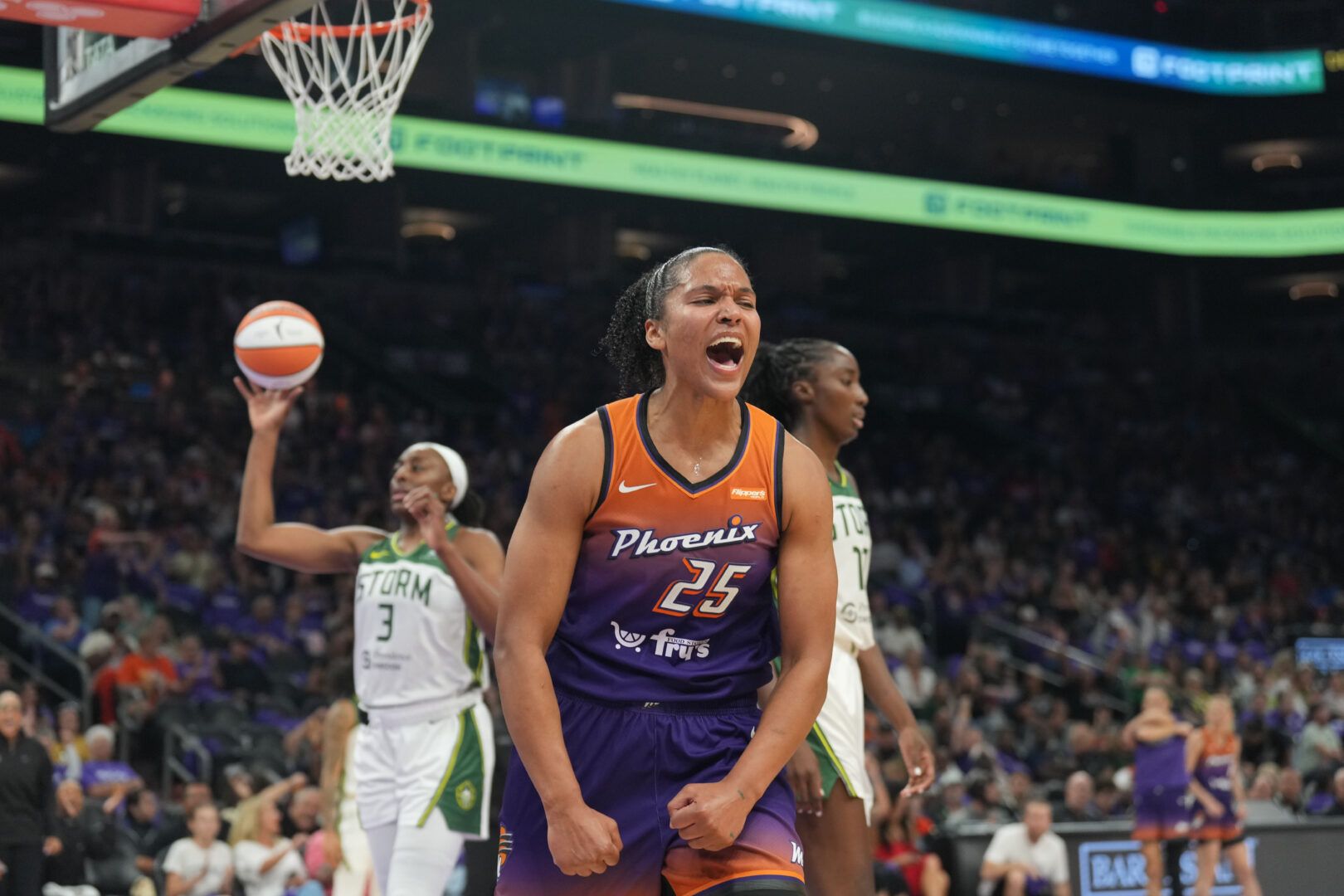 Phoenix Mercury forward Alyssa Thomas reacts after making a basket against the Seattle Storm on May 17, 2025. Credit: Joe Camporeale-Imagn Images