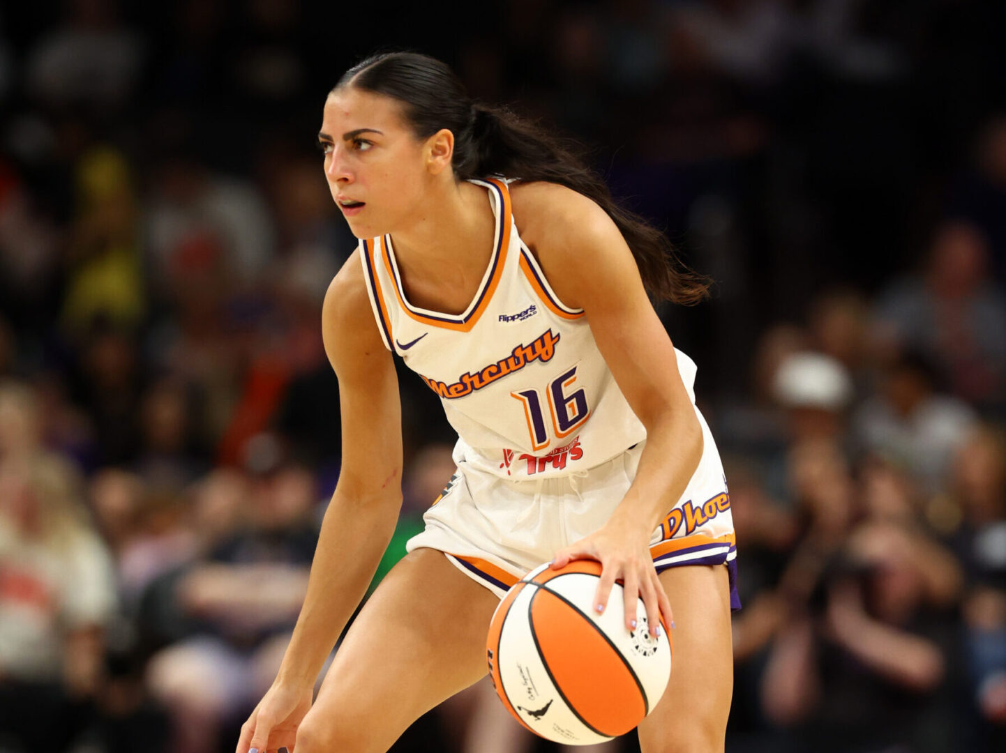 Phoenix Mercury guard Megan McConnell against the Golden State Valkyries May 11, 2025. Credit: Mark J. Rebilas-Imagn Images