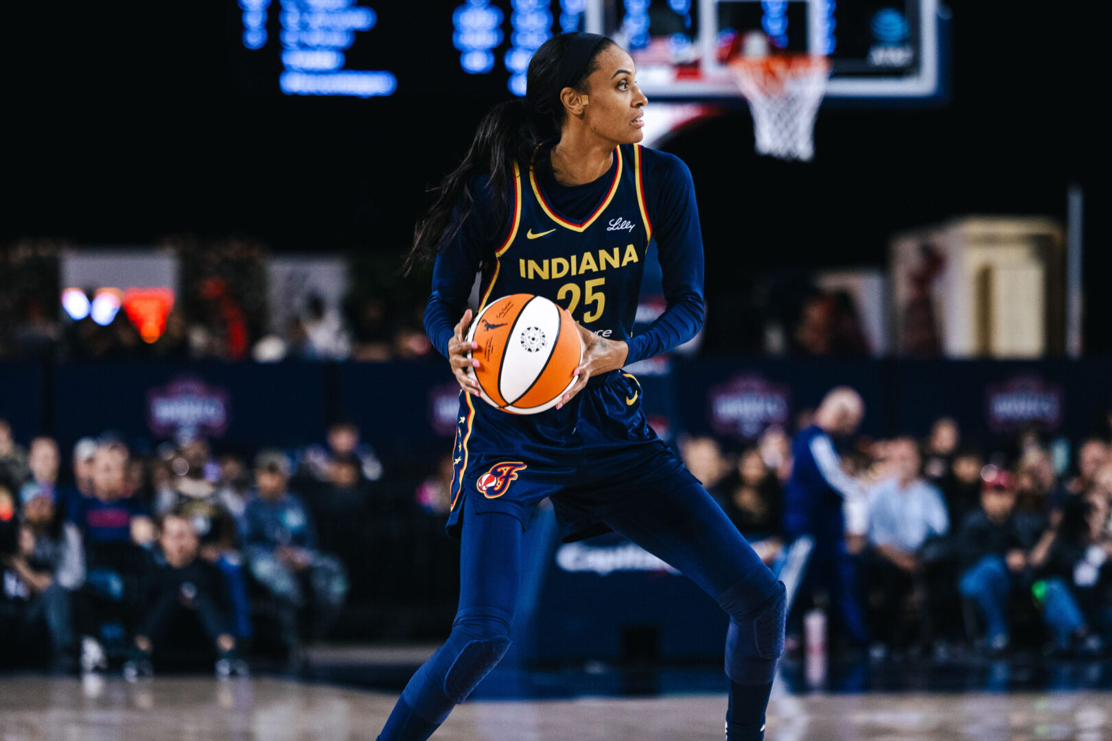 Indiana Fever forward DeWanna Bonner prepares to pass the ball in the first half agains the Washington Mystics on May 28, 2025. Credit: Emily Faith Morgan-Imagn Images