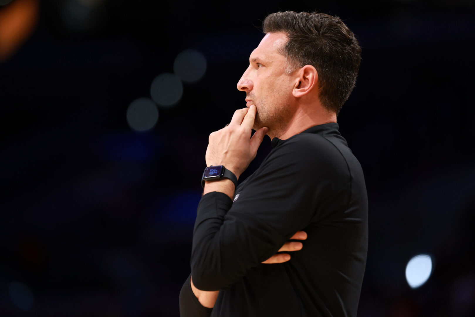 Phoenix Mercury head coach Nate Tibbetts looks on during the first half against the Los Angeles Sparks at Crypto.com Arena. Mandatory Credit: Kiyoshi Mio-Imagn Images