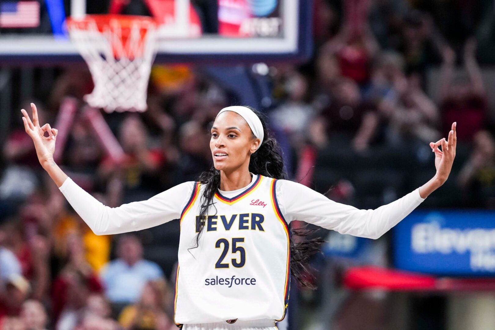 Indiana Fever forward DeWanna Bonner celebrates a 3-pointer Tuesday on June 3, 2025, © Grace Smith/IndyStar / USA TODAY NETWORK via Imagn Images