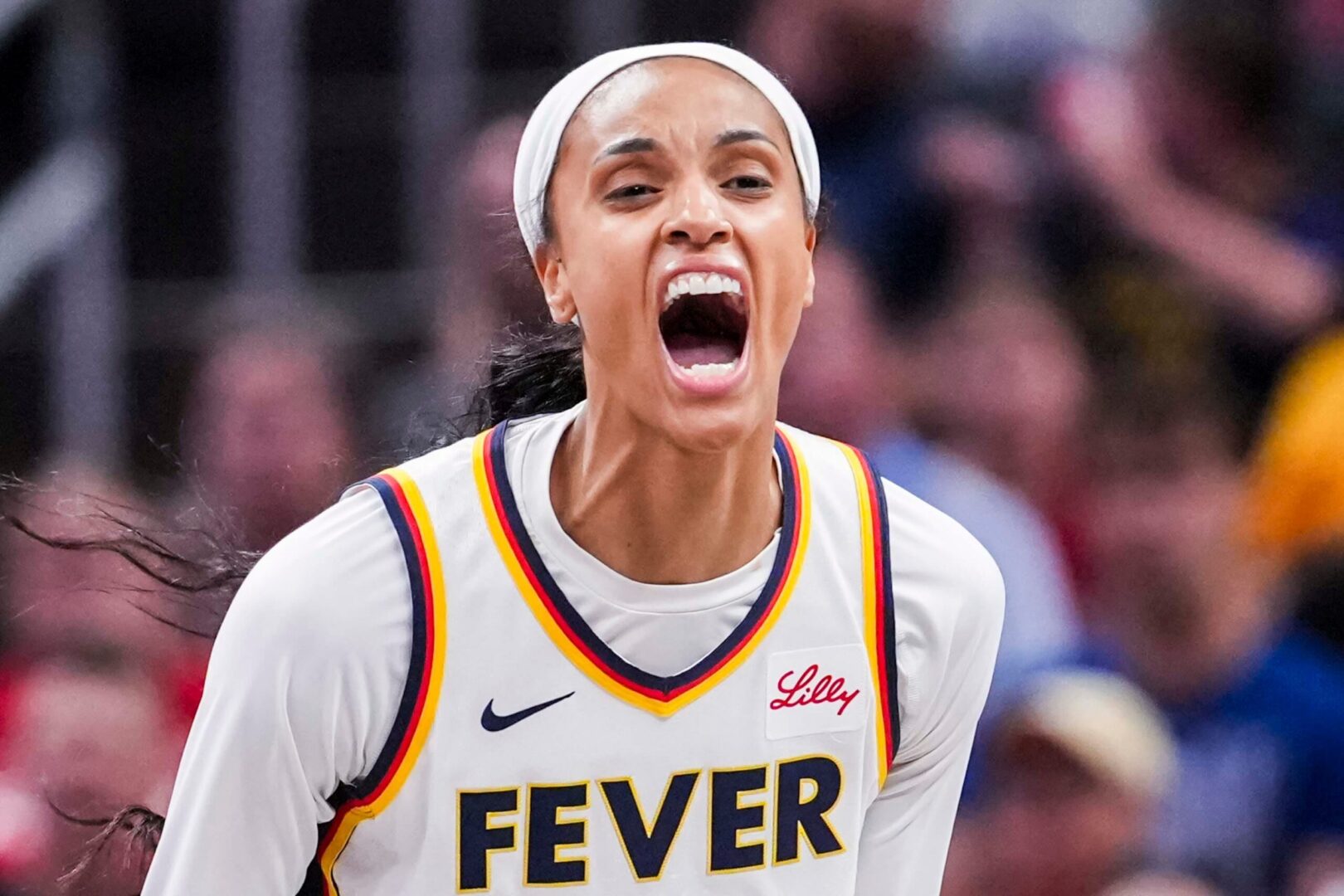 Indiana Fever forward DeWanna Bonner celebrates during a game between the Indiana Fever and the Washington Mystics on June 3, 2025. © Grace Smith/IndyStar / USA TODAY NETWORK via Imagn Images