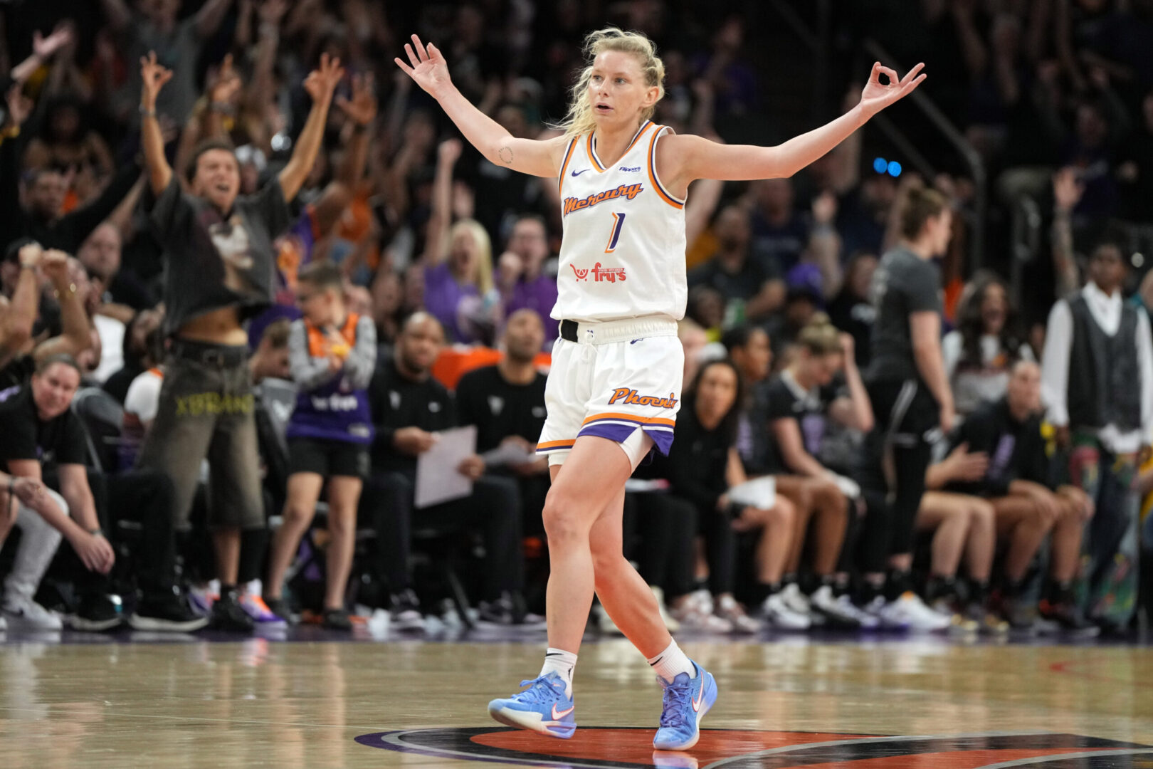Phoenix Mercury guard Lexi Held reacts after scoring against the Golden State Valkyries on June 5, 2025. Credit: Rick Scuteri-Imagn Images