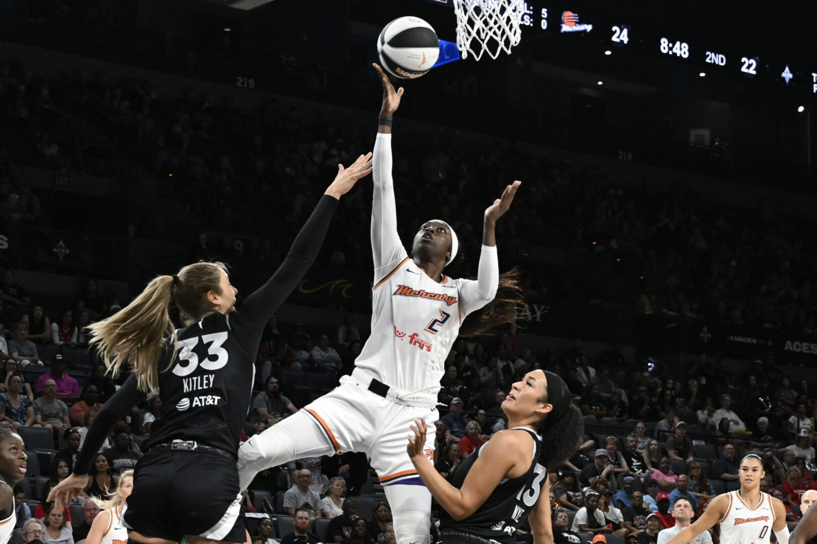 Phoenix Mercury guard Kahleah Copper shoots against Las Vegas Aces center Elizabeth Kitley and guard Aaliyah Nye on June 15, 2025. Credit: Candice Ward-Imagn Images