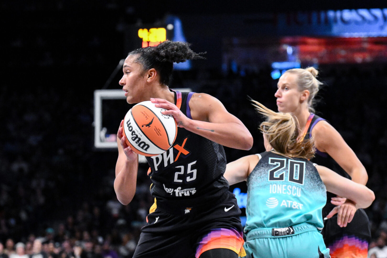 Phoenix Mercury forward Alyssa Thomas looks to pass the ball against the New York Liberty on June 19, 2025. Credit: John Jones-Imagn Images