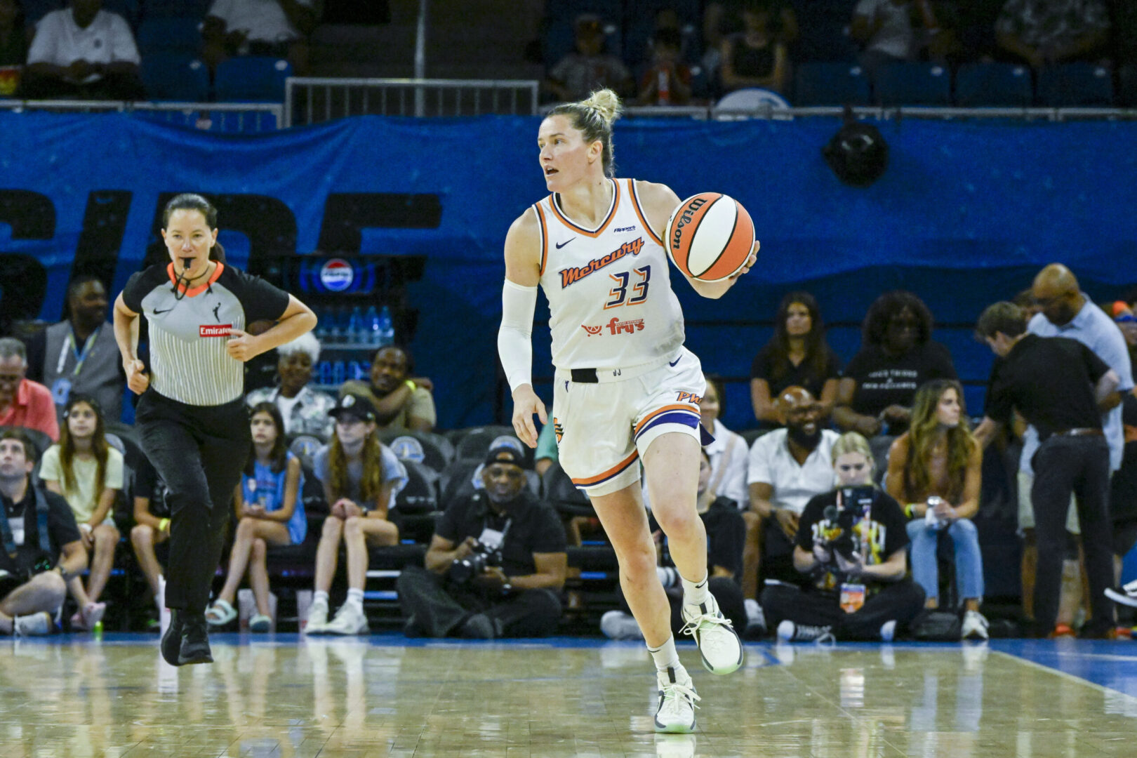 Phoenix Mercury guard Sami Whitcomb dribbles the ball against the Chicago Sky on June 21, 2025. Credit: Matt Marton-Imagn Images