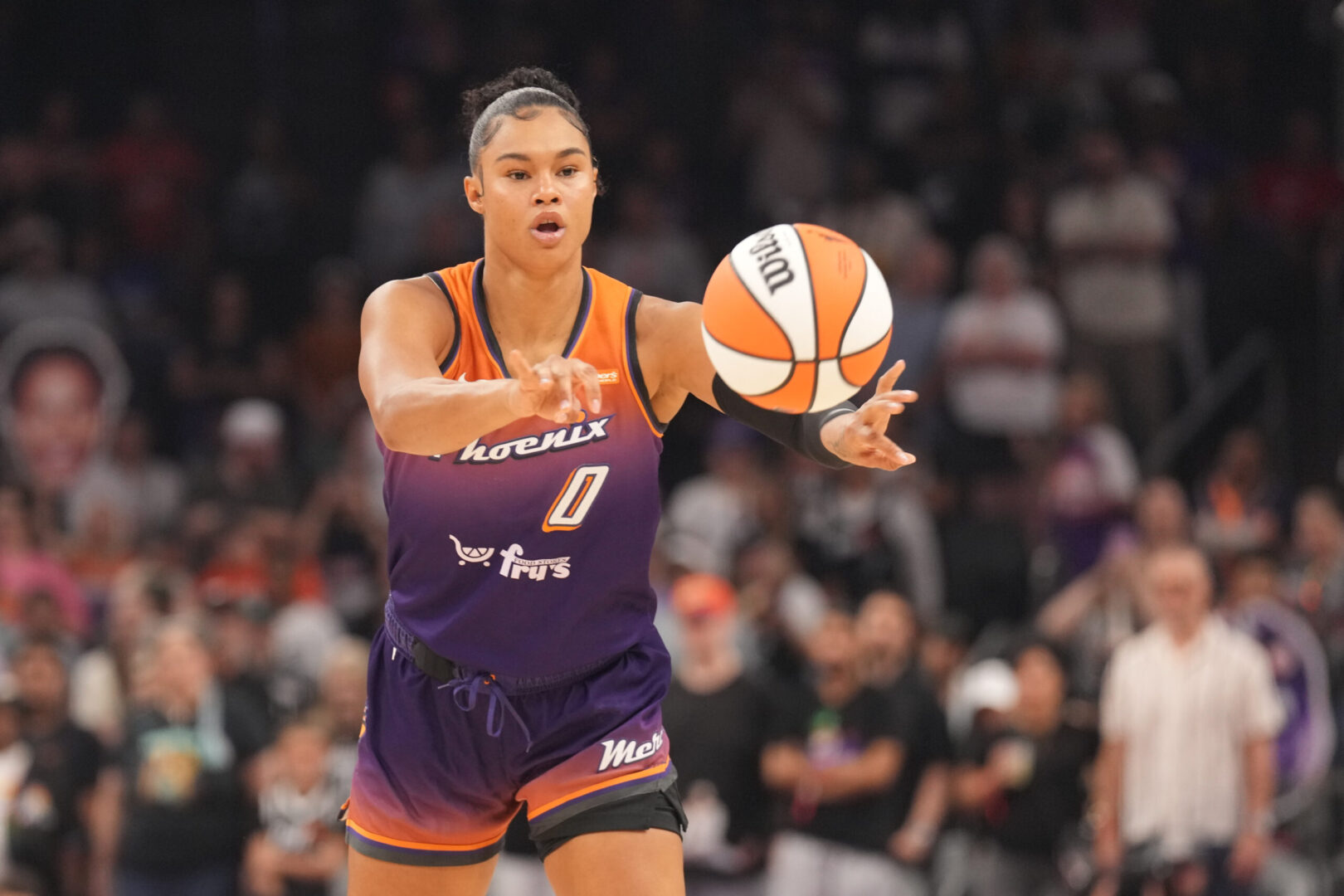 Phoenix Mercury forward Satou Sabally passes the ball against the New York Liberty during the first half on June 27, 2025. Credit: Joe Camporeale-Imagn Images