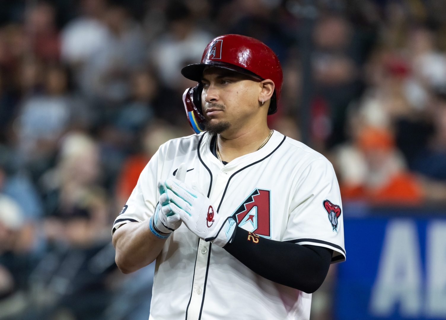 Jul 22, 2025; Phoenix, Arizona, USA; Arizona Diamondbacks first baseman Josh Naylor against the Houston Astros at Chase Field. Mandatory Credit: Mark J. Rebilas-Imagn Images