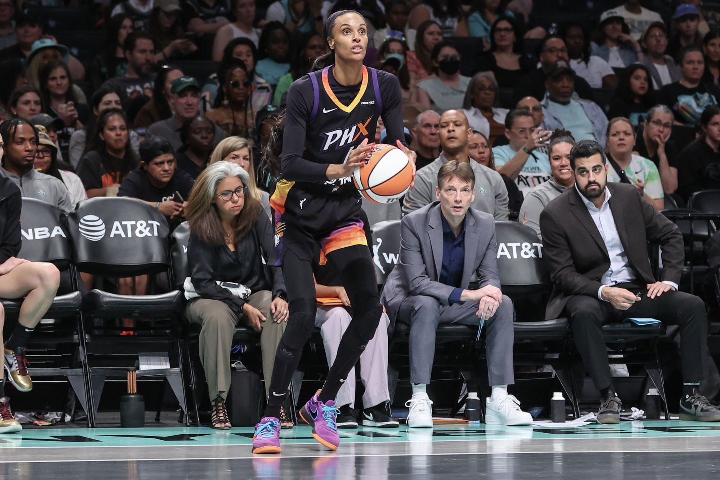 Jul 25, 2025; Brooklyn, New York, USA; Phoenix Mercury forward DeWanna Bonner (14) takes a three-point shot in the third quarter against the New York Liberty at Barclays Center. Mandatory Credit: Wendell Cruz-Imagn Images