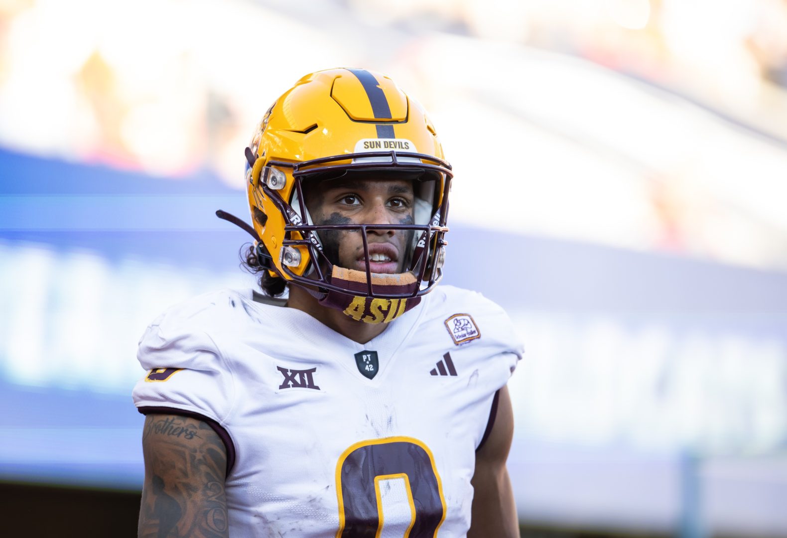 Nov 30, 2024; Tucson, Arizona, USA; Arizona State Sun Devils wide receiver Jordyn Tyson (0) against the Arizona Wildcats during the Territorial Cup at Arizona Stadium. Mandatory Credit: Mark J. Rebilas-Imagn Images