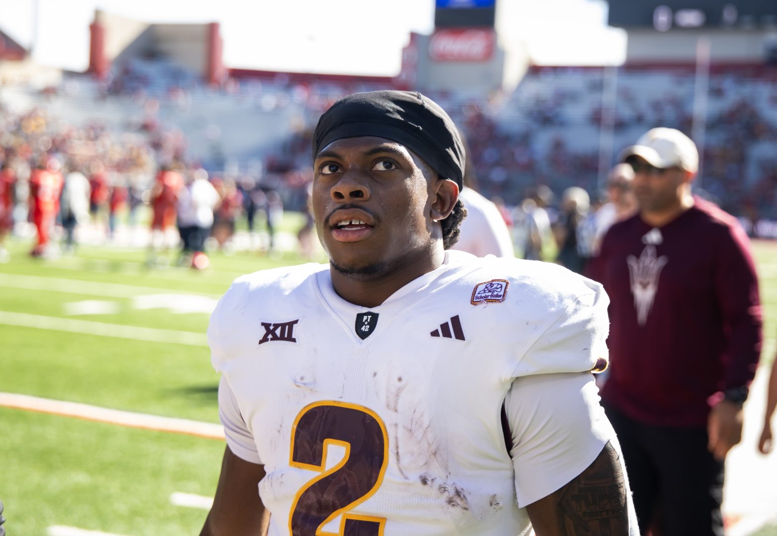 Nov 30, 2024; Tucson, Arizona, USA; Arizona State Sun Devils running back Kyson Brown (2) against the Arizona Wildcats during the Territorial Cup at Arizona Stadium. Mandatory Credit: Mark J. Rebilas-Imagn Images