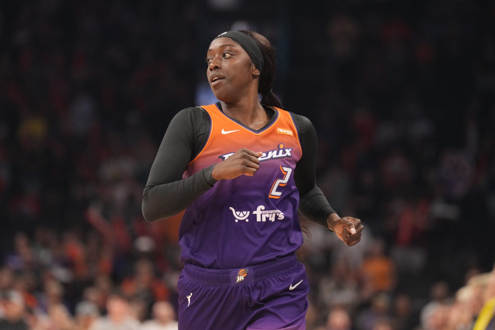 Jun 27, 2025; Phoenix, Arizona, USA; Phoenix Mercury guard Kahleah Copper (2) runs the court against the New York Liberty during the first half at Footprint Center. Mandatory Credit: Joe Camporeale-Imagn Images