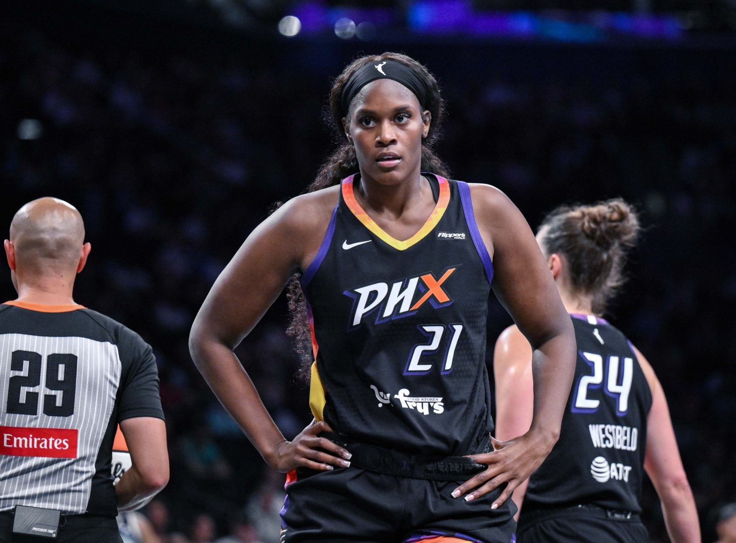 Jun 19, 2025; Brooklyn, New York, USA; Phoenix Mercury center Kalani Brown (21) during a game against the New York Liberty at Barclays Center. Mandatory Credit: John Jones-Imagn Images