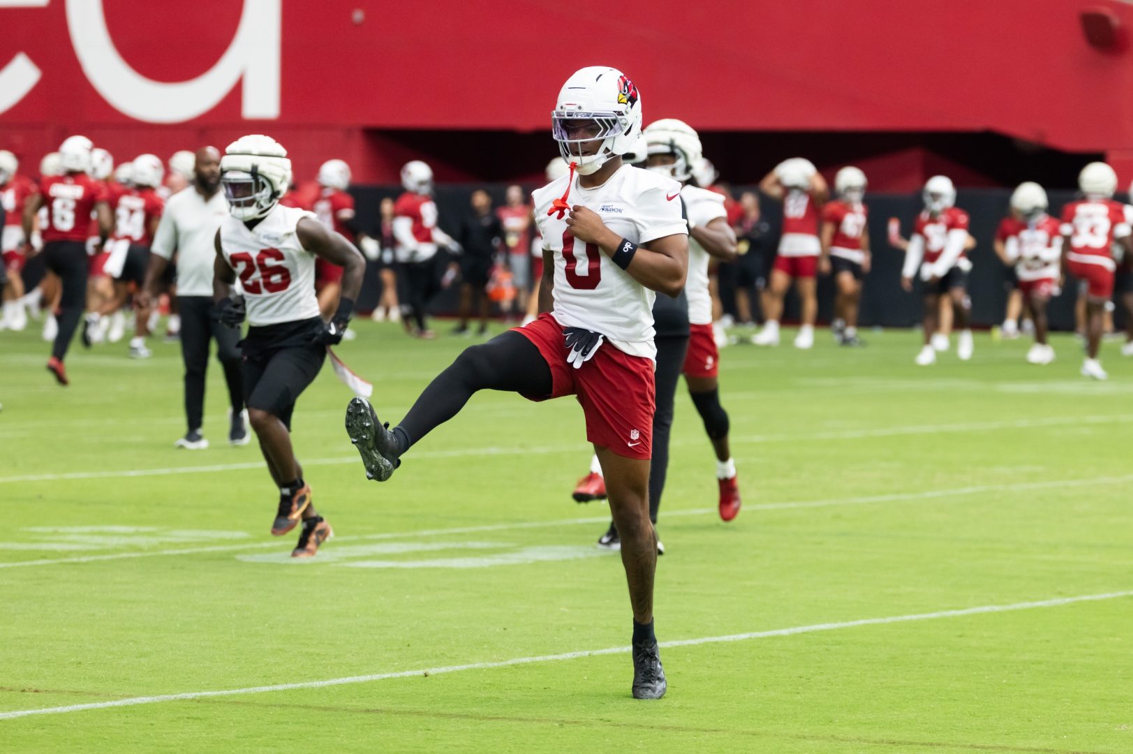 Jul 24, 2025; Glendale, AZ, USA; Arizona Cardinals cornerback Will Johnson (0) during training camp at State Farm Stadium. Mandatory Credit: Mark J. Rebilas-Imagn Images