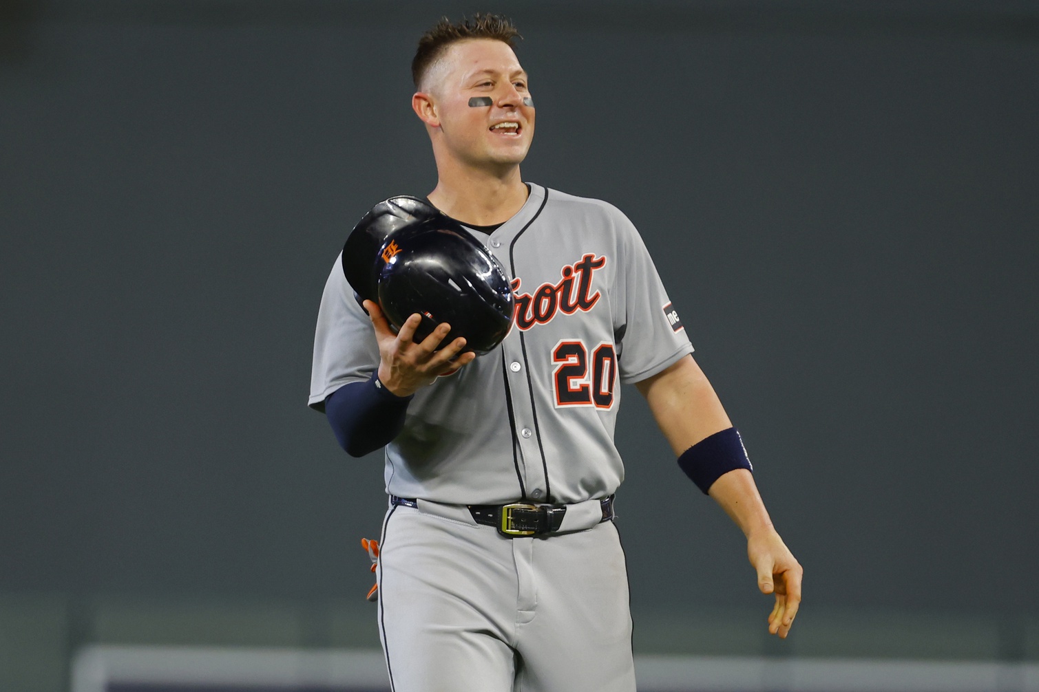 Aug 15, 2025; Minneapolis, Minnesota, USA; Detroit Tigers first baseman Spencer Torkelson (20) reacts after getting struck by a batted ball ending the top half of the seventh inning against the Minnesota Twins at Target Field. Mandatory Credit: Bruce Kluckhohn-Imagn Images