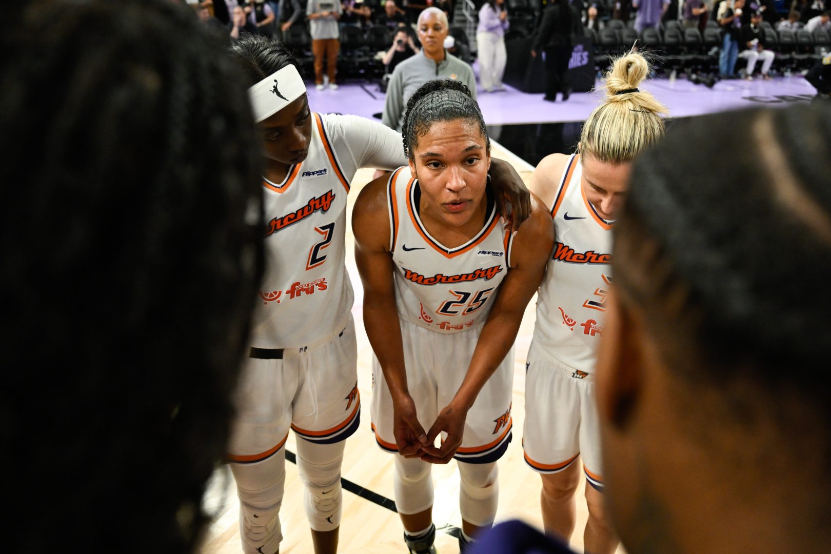 Aug 19, 2025; San Francisco, California, USA; Phoenix Mercury forward Alyssa Thomas (25) talks to her teammates after their win over the Golden State Valkyries at Chase Center. Mandatory Credit: Eakin Howard-Imagn Images
