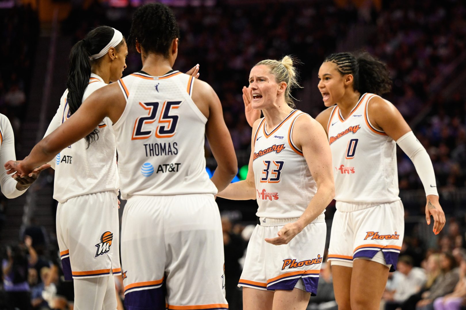 Aug 19, 2025; San Francisco, California, USA; Phoenix Mercury guard Sami Whitcomb (33) celebrates with teammates against the Golden State Valkyries in the fourth quarter at Chase Center. Mandatory Credit: Eakin Howard-Imagn Images