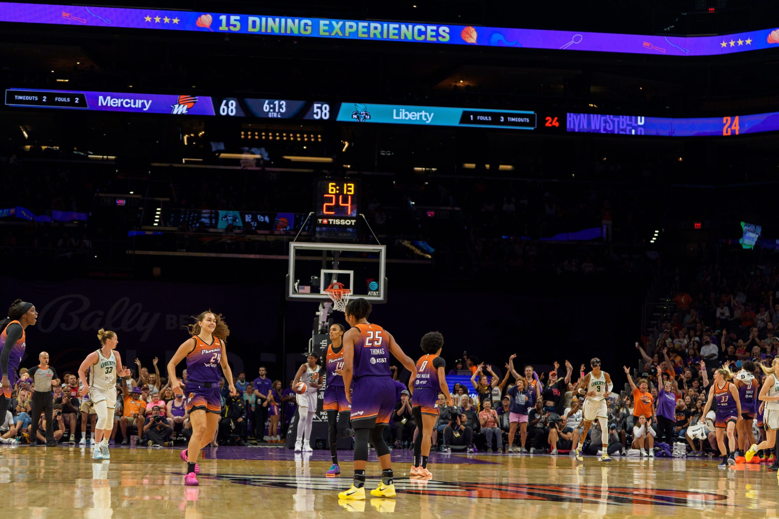 Aug 30, 2025; Phoenix, Arizona, USA; A general view as the Phoenix Mercury celebrate after pulling ahead 68-58 in the second half against the New York Liberty at Footprint Center. Mandatory Credit: Allan Henry-Imagn Images