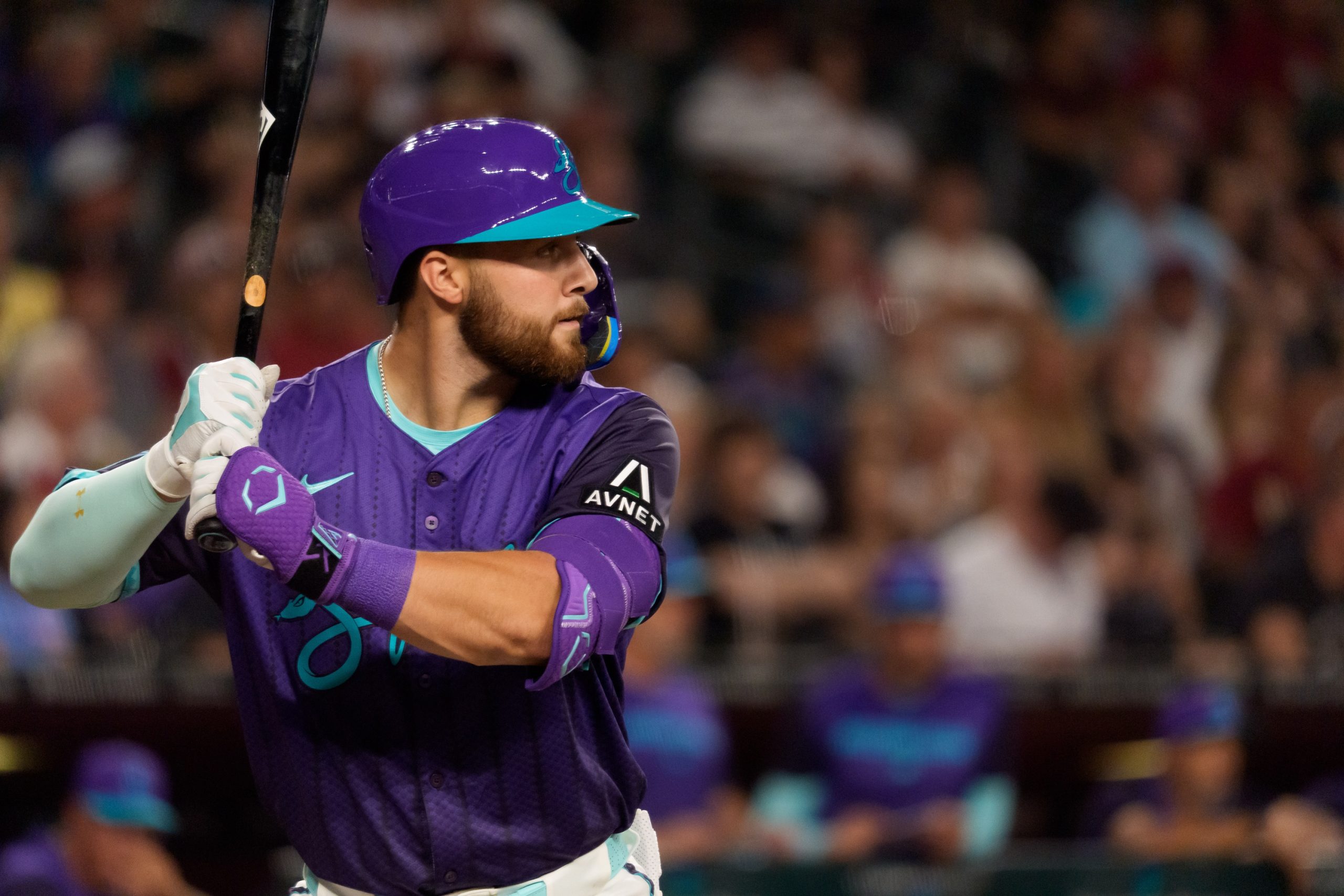 Aug 8, 2025; Phoenix, Arizona, USA; Arizona Diamondbacks infielder Tyler Locklear (28) in the batters box during the first inning against the Colorado Rockies at Chase Field. Mandatory Credit: Allan Henry-Imagn Images