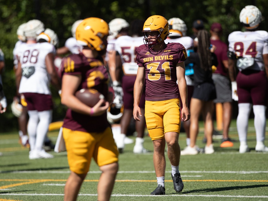Arizona State University punter Kanyon Floyd (31) practices on Aug. 7, 2024 at Camp Tontozona in Payson, Arizona. © Owen Ziliak/The Republic / USA TODAY NETWORK via Imagn Images