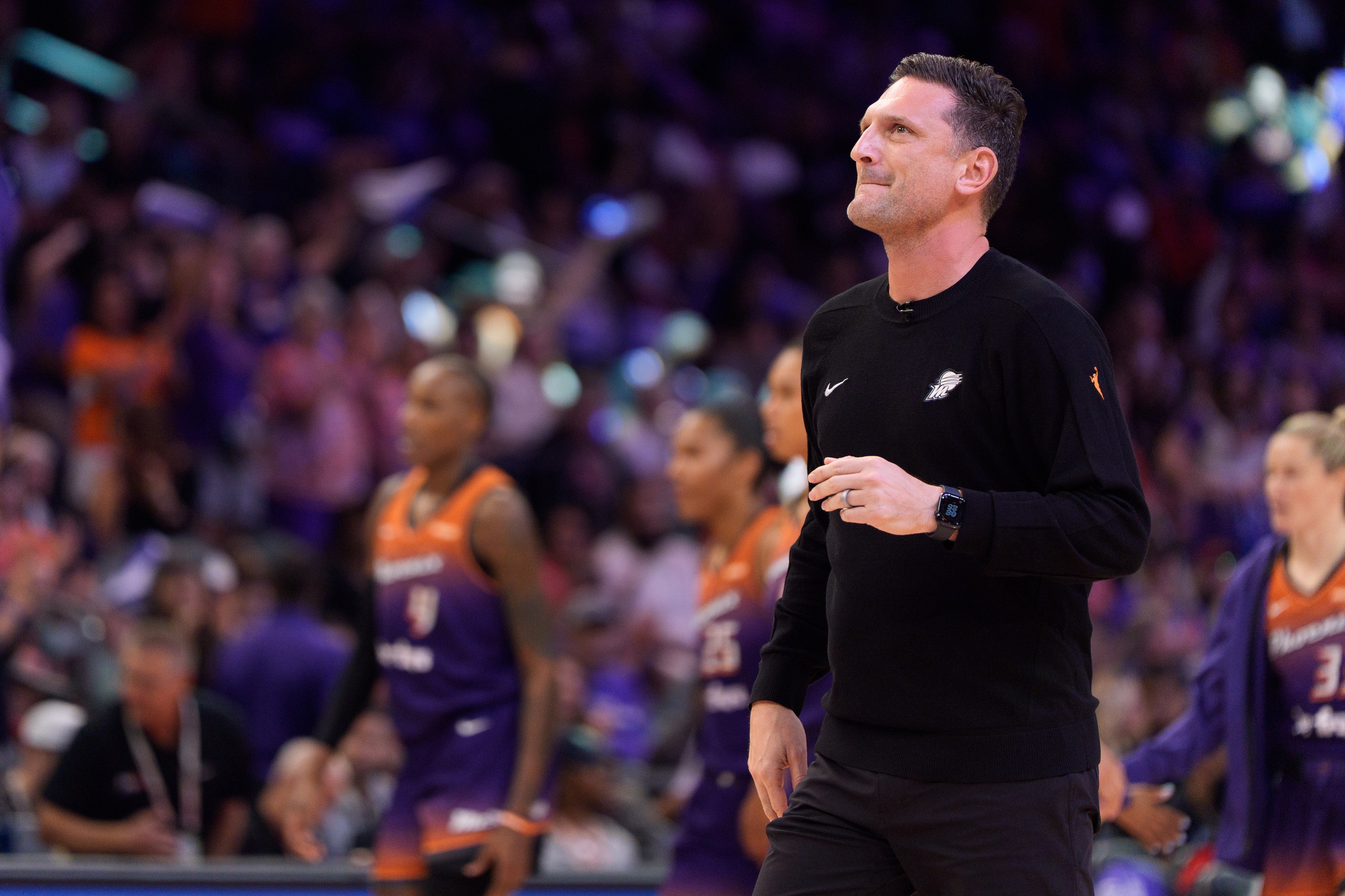 Sep 14, 2025; Phoenix, Arizona, USA; Phoenix Mercury head coach Nate Tibbetts reacts during a timeout against the New York Liberty during game one of the 2025 WNBA Playoffs round one at PHX Arena. Mandatory Credit: Allan Henry-Imagn Images