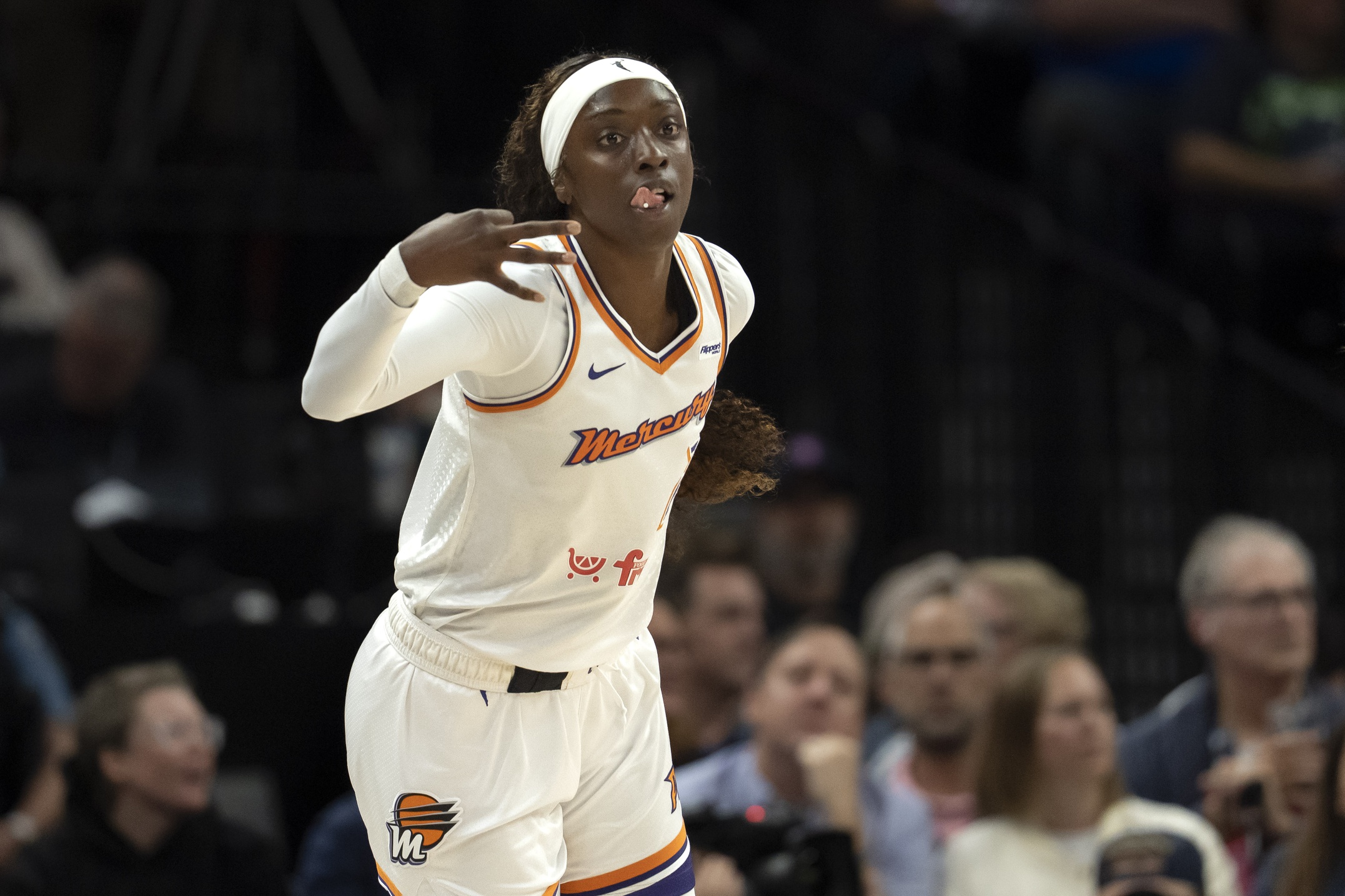 Sep 23, 2025; Minneapolis, Minnesota, USA; Phoenix Mercury guard Kahleah Copper (2) celebrates making a three point shot against the Minnesota Lynx in the first half during game two of the second round for the 2025 WNBA Playoffs at Target Center. Mandatory Credit: Jesse Johnson-Imagn Images