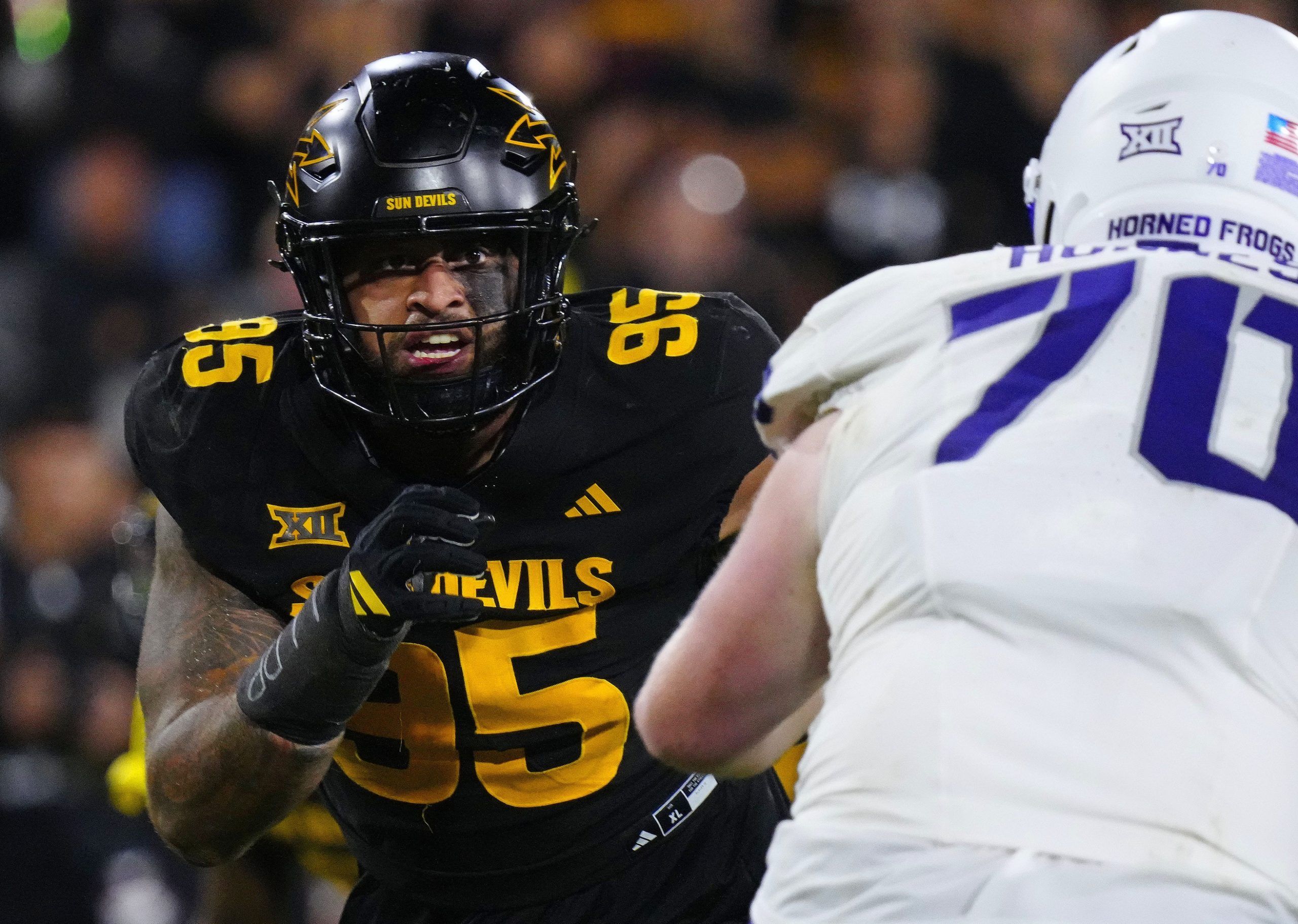 Arizona State defensive end Justin Wodtly (95) rushes against TCU during a game at Mountain America Stadium in Tempe on Sept. 26, 2025. © Patrick Breen/The Republic / USA TODAY NETWORK via Imagn Images