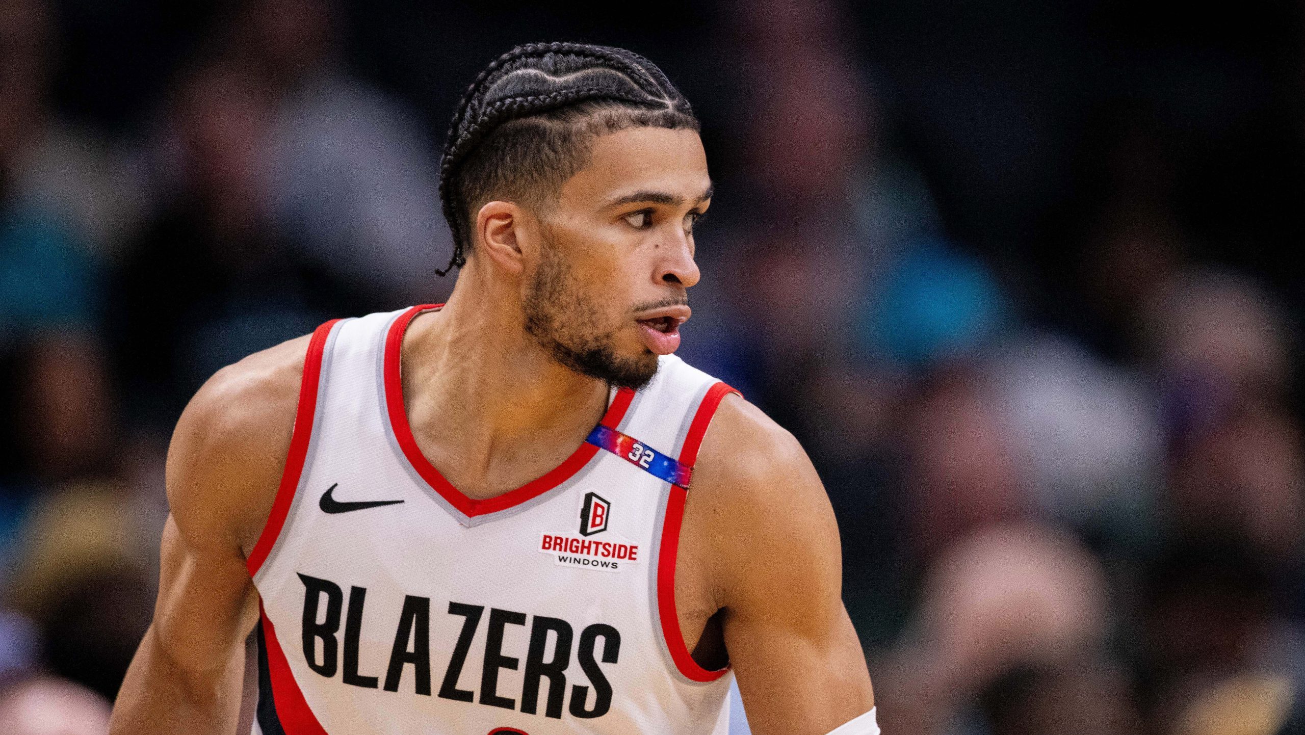 Jan 24, 2025; Charlotte, North Carolina, USA; Former Phoenix Suns and Portland Trail Blazers forward Toumani Camara (33) during the second quarter against the Charlotte Hornets at Spectrum Center. Mandatory Credit: Scott Kinser-Imagn Images