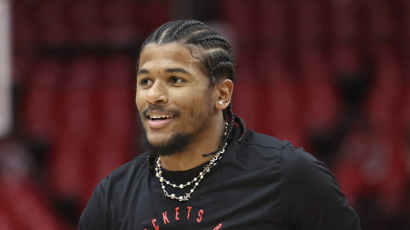 May 4, 2025; Houston, Texas, USA; Houston Rockets guard Jalen Green (4) on the court before game seven of first round for the 2025 NBA Playoffs against the Golden State Warriors at Toyota Center. Mandatory Credit: Troy Taormina-Imagn Images