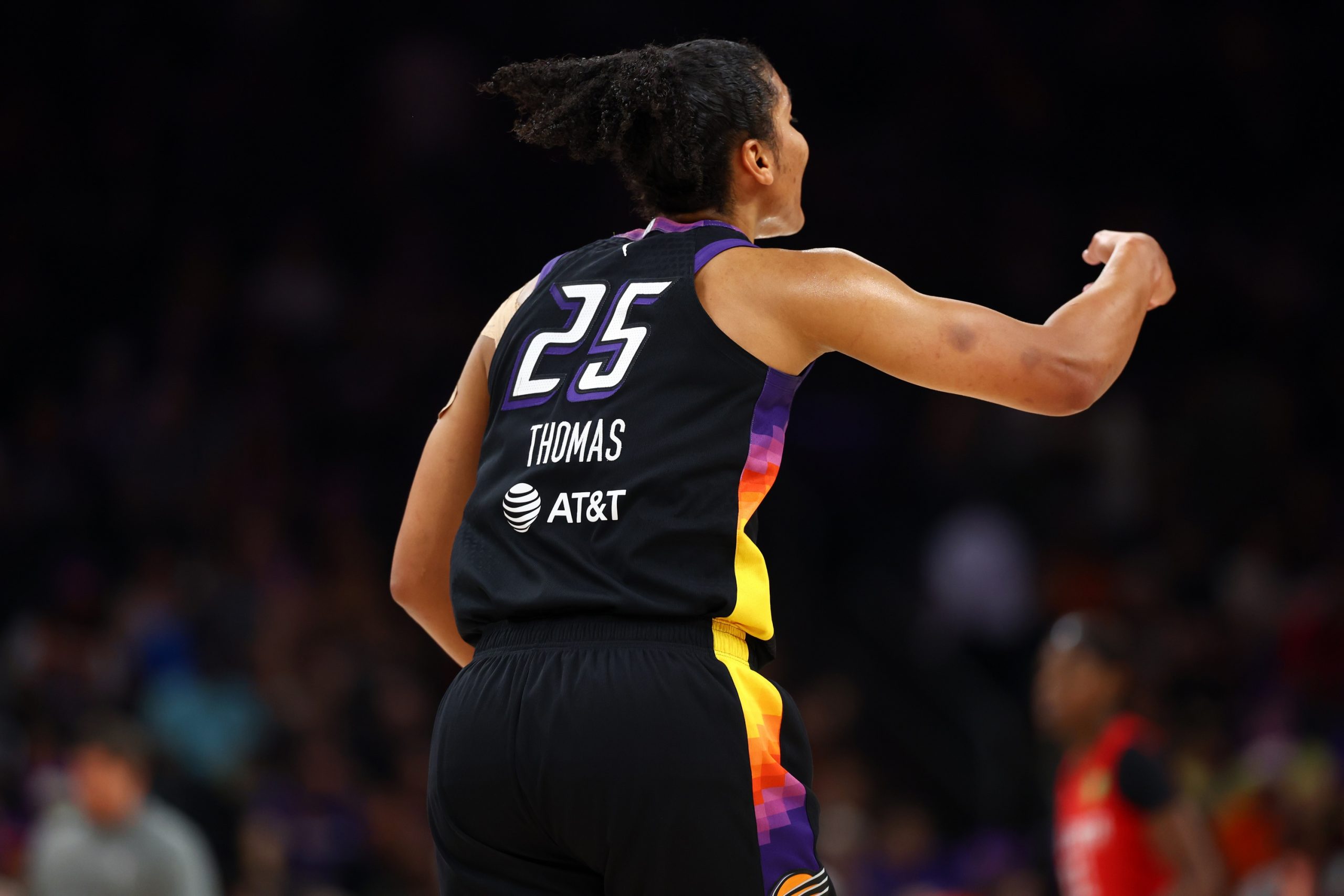 Aug 10, 2025; Phoenix, Arizona, USA; Detailed view of the jersey of Phoenix Mercury forward Alyssa Thomas (25) against the Atlanta Dream at PHX Arena. Mandatory Credit: Mark J. Rebilas-Imagn Images
