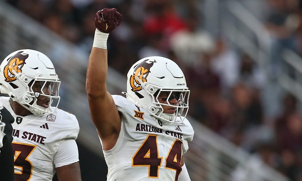 Sep 6, 2025; Starkville, Mississippi, USA; Arizona State Sun Devils linebacker Keyshaun Elliott (44) reacts after a tackle during the first quarter against the Mississippi State Bulldogs at Davis Wade Stadium at Scott Field. Mandatory Credit: Petre Thomas-Imagn Images