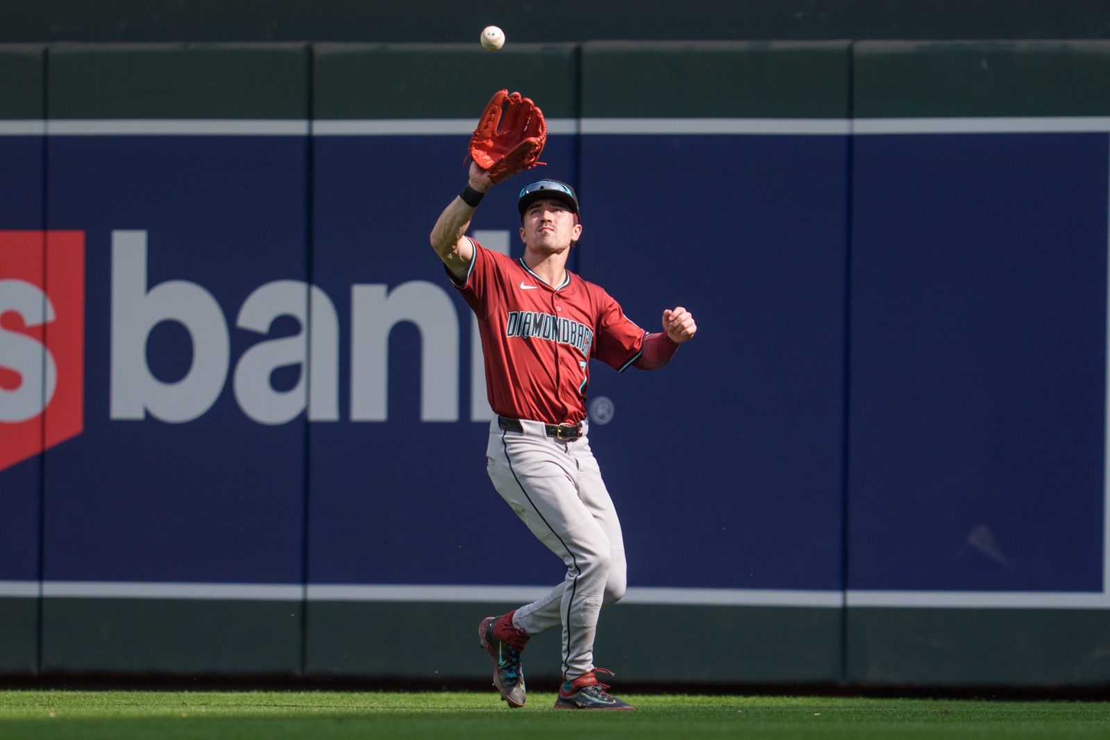 Sep 14, 2025; Minneapolis, Minnesota, USA; Arizona Diamondbacks right fielder Corbin Carroll (7) catches a fly ball hit by Minnesota Twins first base Kody Clemens (18) in the eighth inning at Target Field. Mandatory Credit: Matt Blewett-Imagn Images