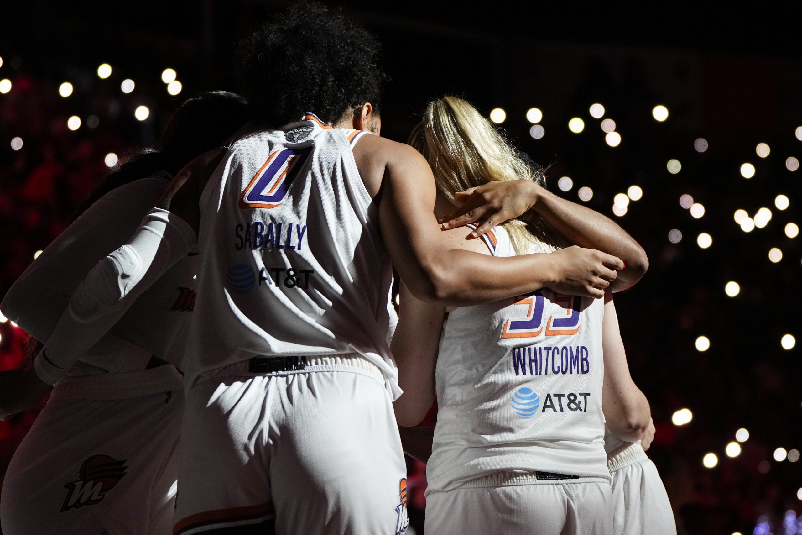 Oct 5, 2025; Las Vegas, Nevada, USA; The Phoenix Mercury huddle prior to the start of the fourth quarter of game two of the 2025 WNBA Finals at Michelob Ultra Arena. Mandatory Credit: Lucas Peltier-Imagn Images
