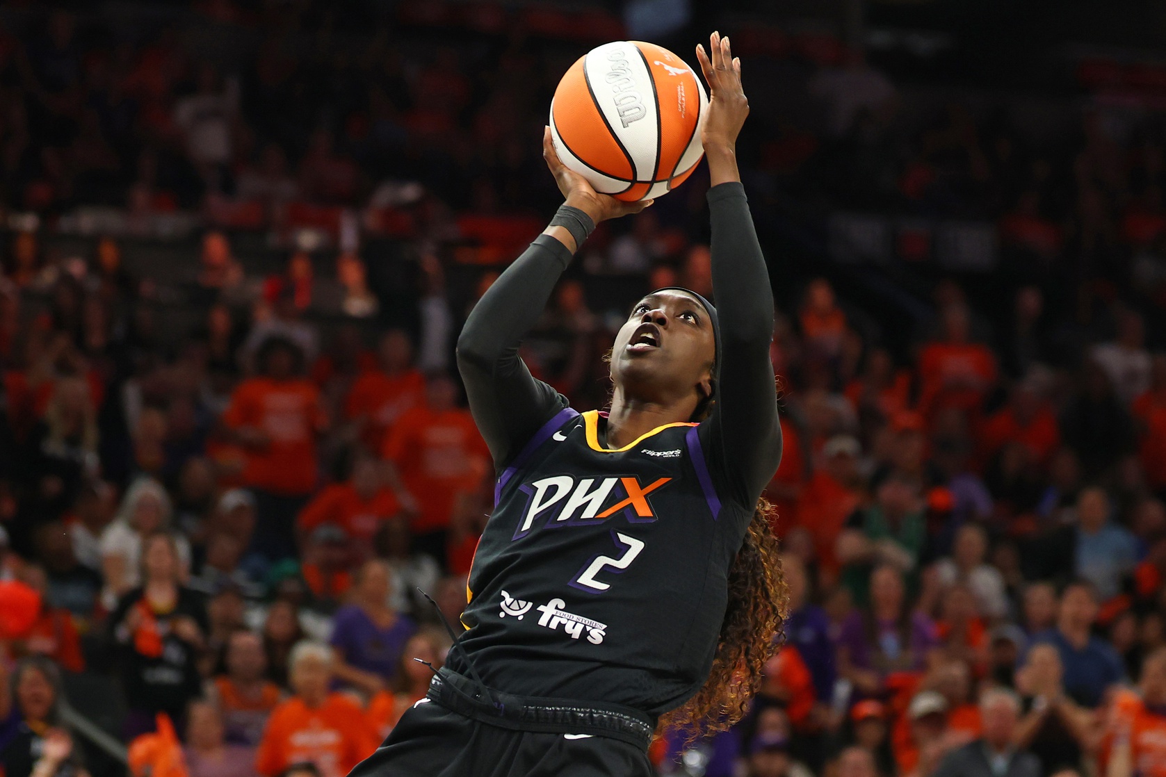 Oct 8, 2025; Phoenix, Arizona, USA; Phoenix Mercury guard Kahleah Copper (2) shoots the ball against the Las Vegas Aces in the second half during game three of the 2025 WNBA Finals at PHX Arena. Mandatory Credit: Mark J. Rebilas-Imagn Images