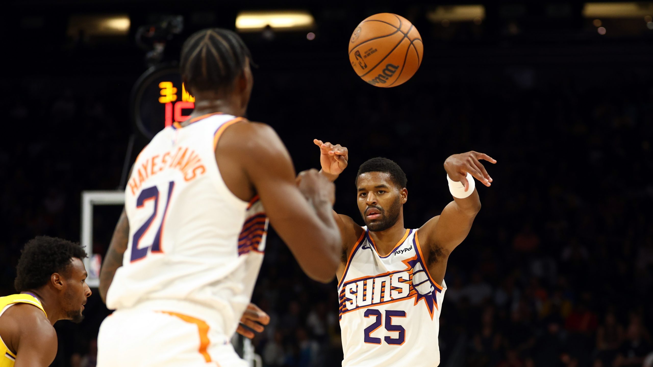Oct 14, 2025; Phoenix, Arizona, USA; Phoenix Suns guard Jared Butler (25) against the Los Angeles Lakers during an NBA preseason game at Mortgage Matchup Center. Mandatory Credit: Mark J. Rebilas-Imagn Images