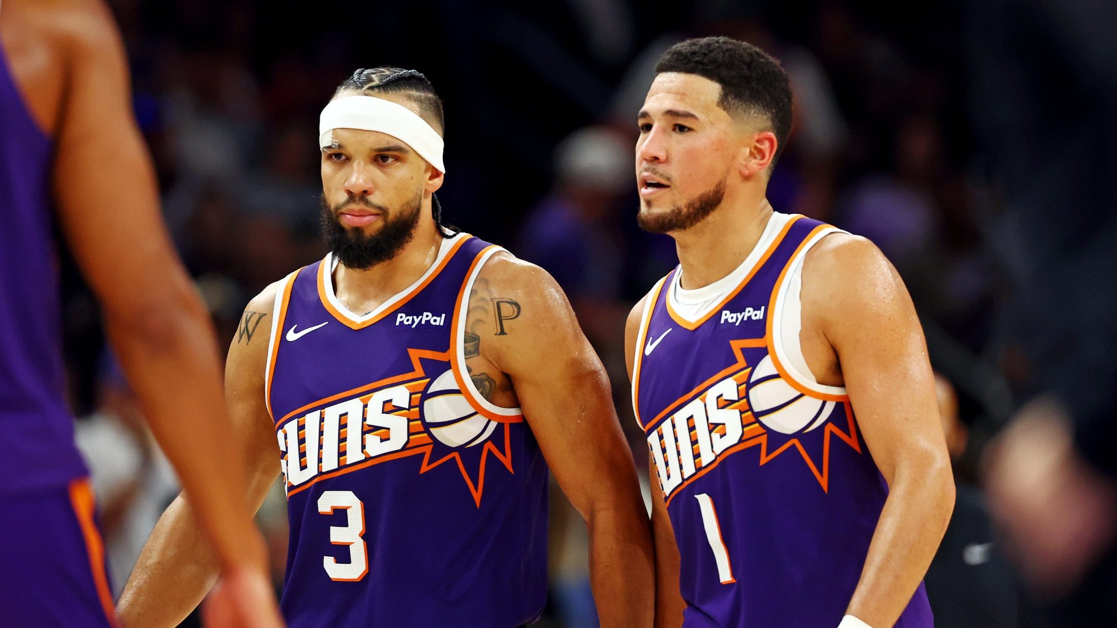Oct 22, 2025; Phoenix, Arizona, USA; Phoenix Suns guard Devin Booker (1) and forward Dillon Brooks (3) during the second half against the Sacramento Kings at the Mortgage Matchup Center. Mandatory Credit: Mark J. Rebilas-Imagn Images