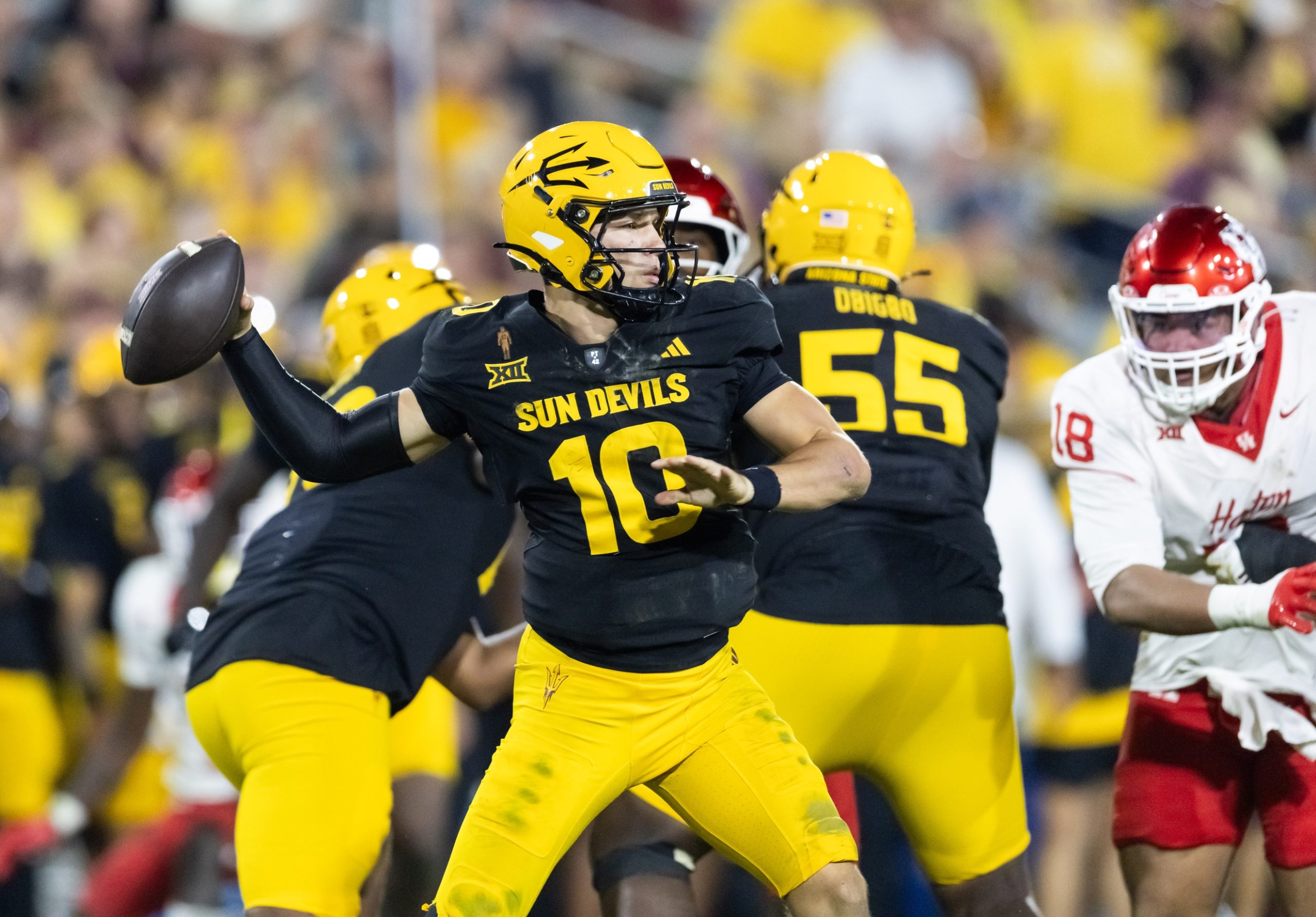 Oct 25, 2025; Tempe, Arizona, USA; Arizona State Sun Devils quarterback Sam Leavitt (10) against the Houston Cougars in the second half at Mountain America Stadium. Mandatory Credit: Mark J. Rebilas-Imagn Images