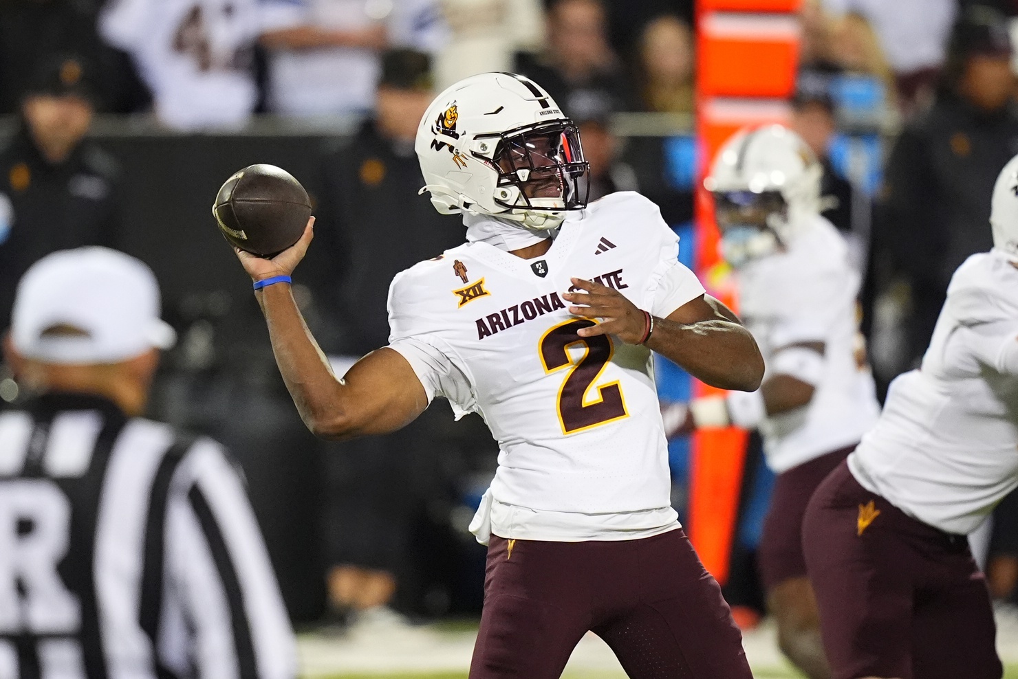 Nov 22, 2025; Boulder, Colorado, USA; Arizona State Sun Devils quarterback Jeff Sims (2) prepares to pass the ball in the first quarter against the Colorado Buffaloes at Folsom Field. Mandatory Credit: Ron Chenoy-Imagn Images