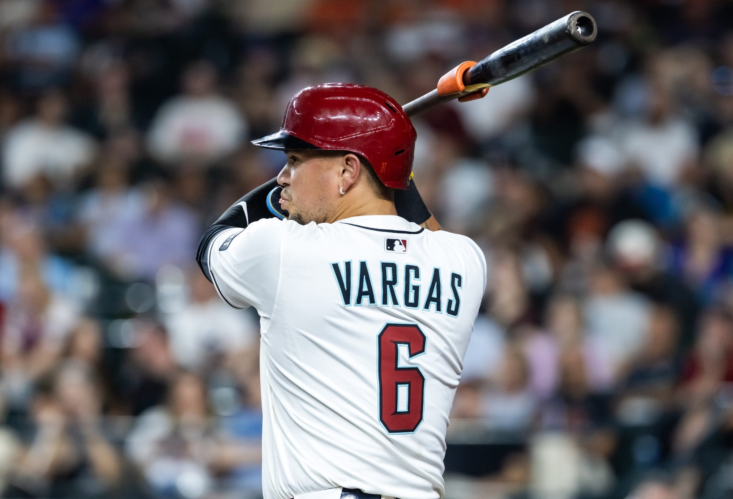 Sep 16, 2025; Phoenix, Arizona, USA; Detailed view of the jersey of Arizona Diamondbacks infielder Ildemaro Vargas (6) against the San Francisco Giants at Chase Field. Mandatory Credit: Mark J. Rebilas-Imagn Images