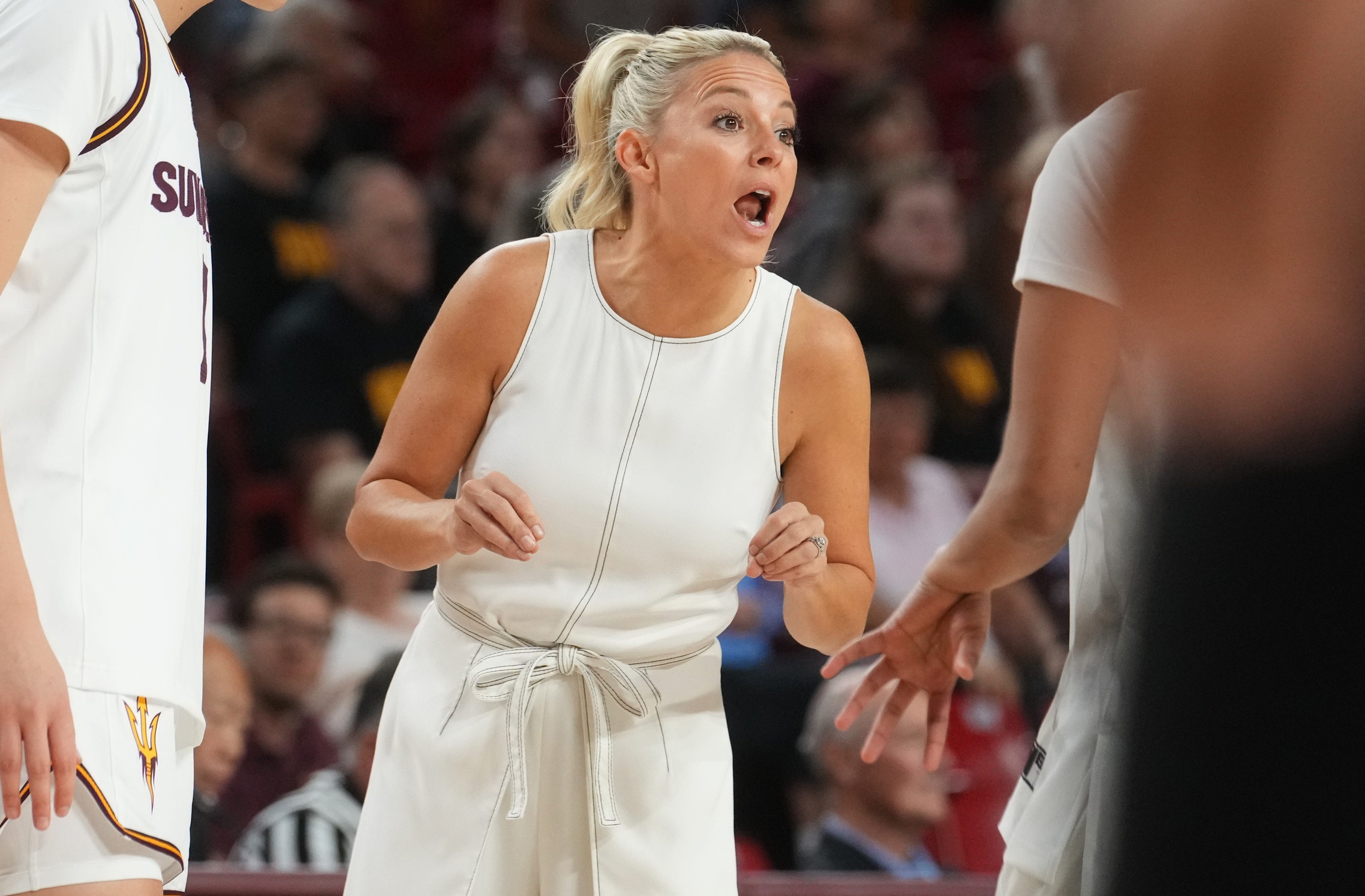 ASU Sun Devils head coach Molly Miller yells out to her team as they play the Coppin State Bald Eagles at Desert Financial Arena on Nov. 3, 2025. © Joe Rondone/The Republic / USA TODAY NETWORK via Imagn Images