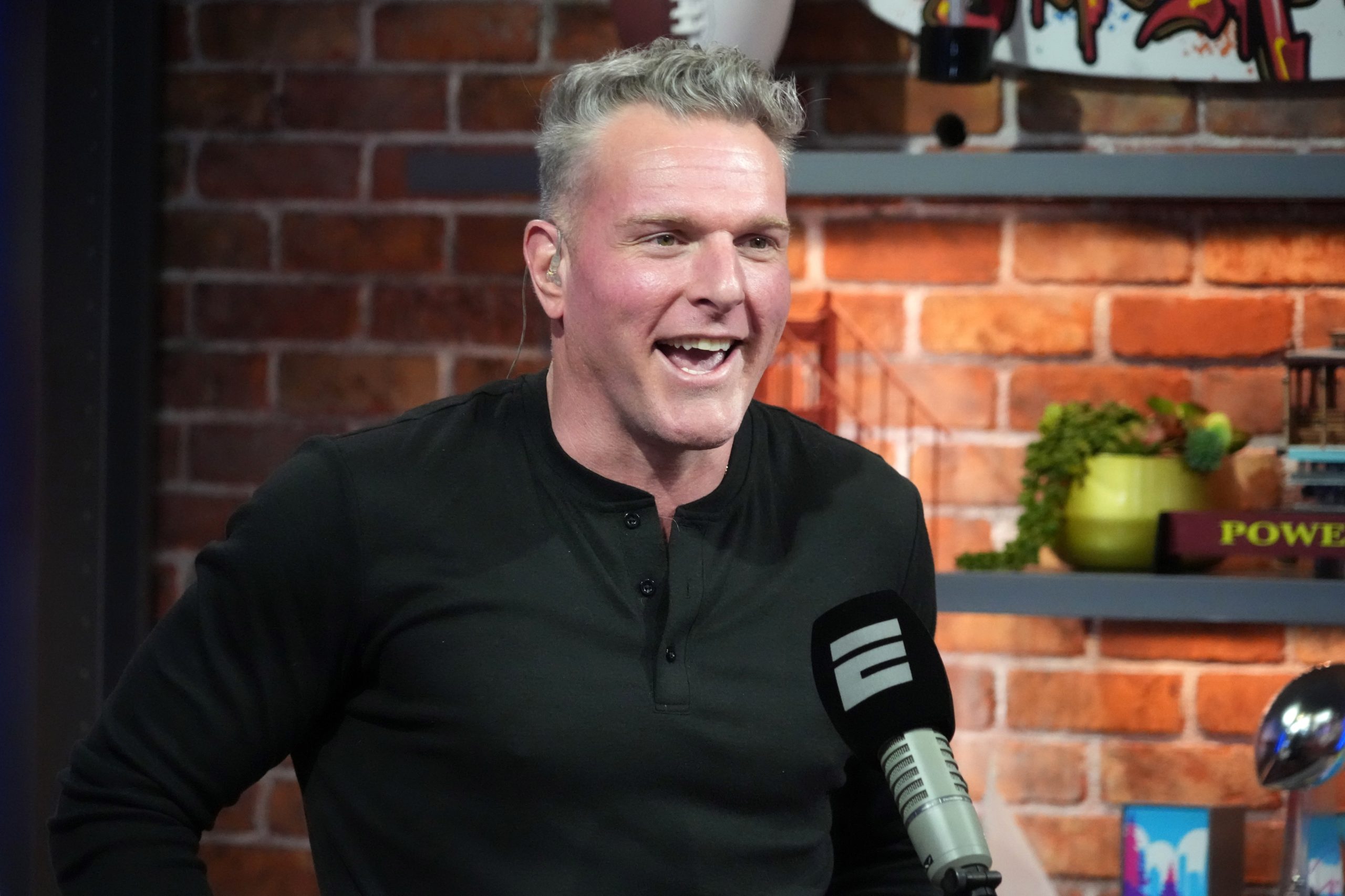 Feb 6, 2026; San Francisco, CA, USA; Pat McAfee on the Pat McAfee Show set at the Super Bowl LX media center at the Moscone Center. Mandatory Credit: Kirby Lee-Imagn Images