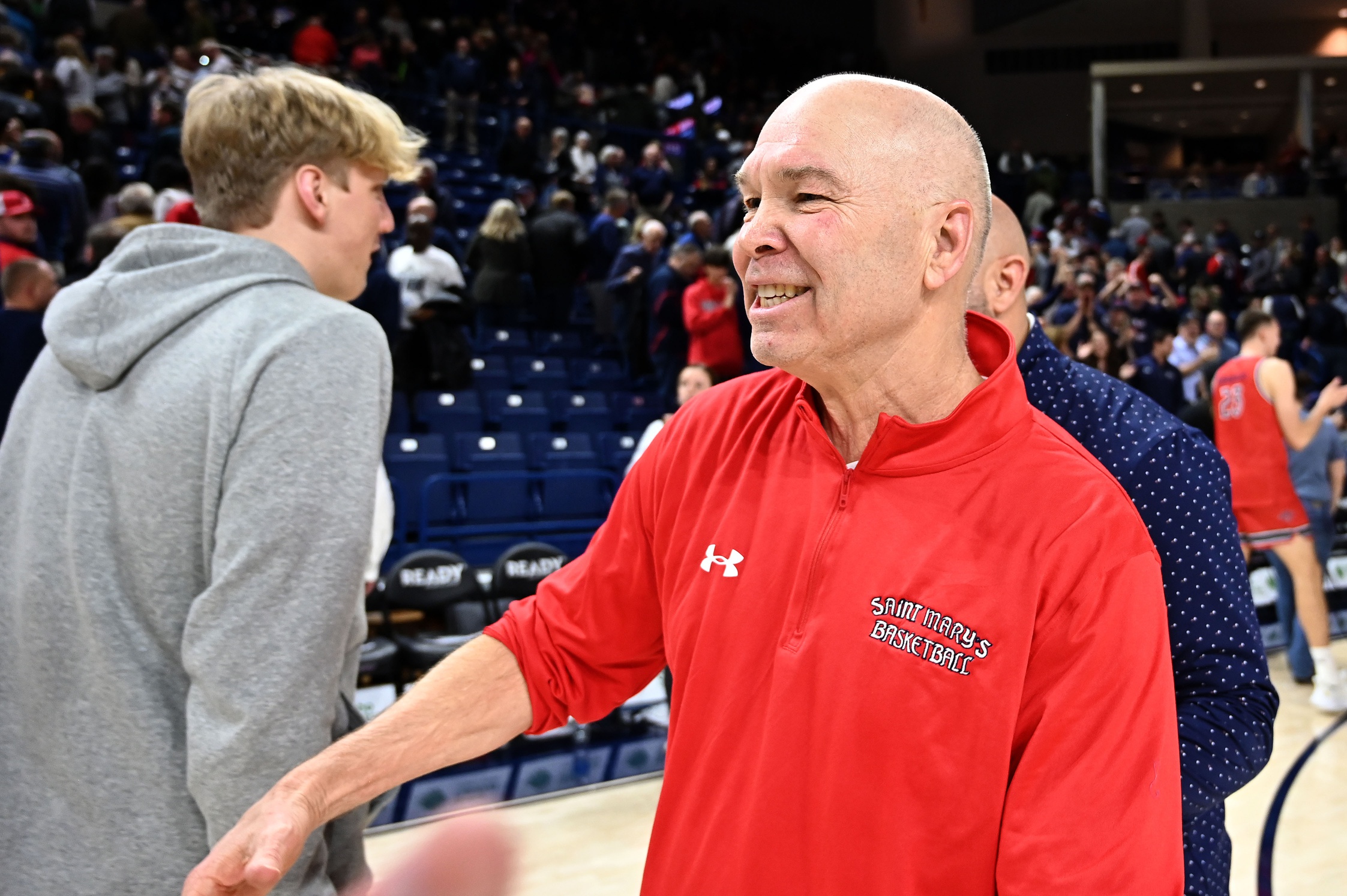Feb 22, 2025; Spokane, Washington, USA; St. Mary's Gaels head coach Randy Bennett celebrates after a game against the Gonzaga Bulldogs at McCarthey Athletic Center. Mandatory Credit: James Snook-Imagn Images Arizona State
