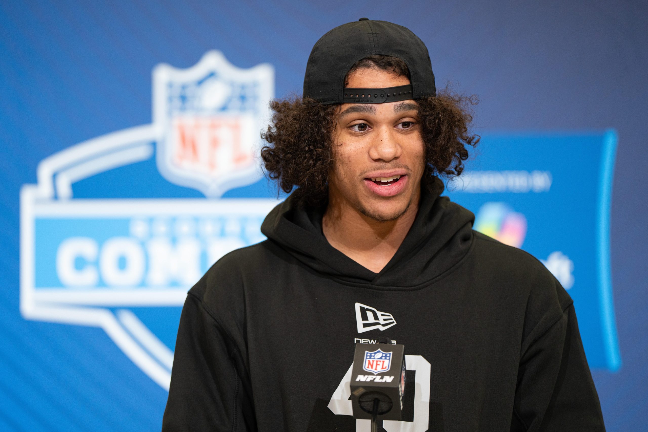 Feb 27, 2026; Indianapolis, IN, USA; Arizona State wideout Jordyn Tyson (WO40) speaks to members of the media during the NFL Combine at the Indiana Convention Center. Mandatory Credit: Jacob Musselman-Imagn Images