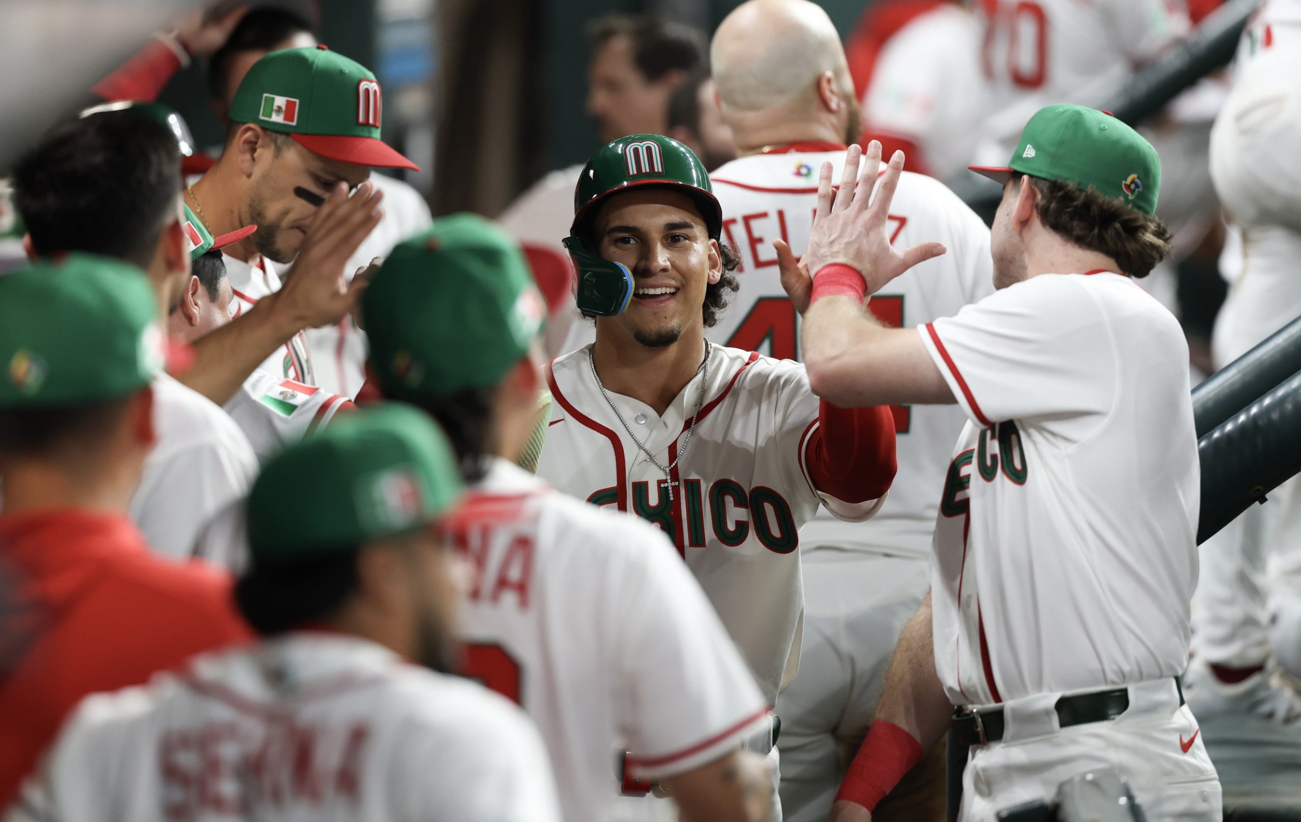 Mar 8, 2026; Houston, TX, United States; Mexico center fielder Alek Thomas (5) celebrates his run against Brazil in the fourth inning at Daikin Park. Mandatory Credit: Thomas Shea-Imagn Images