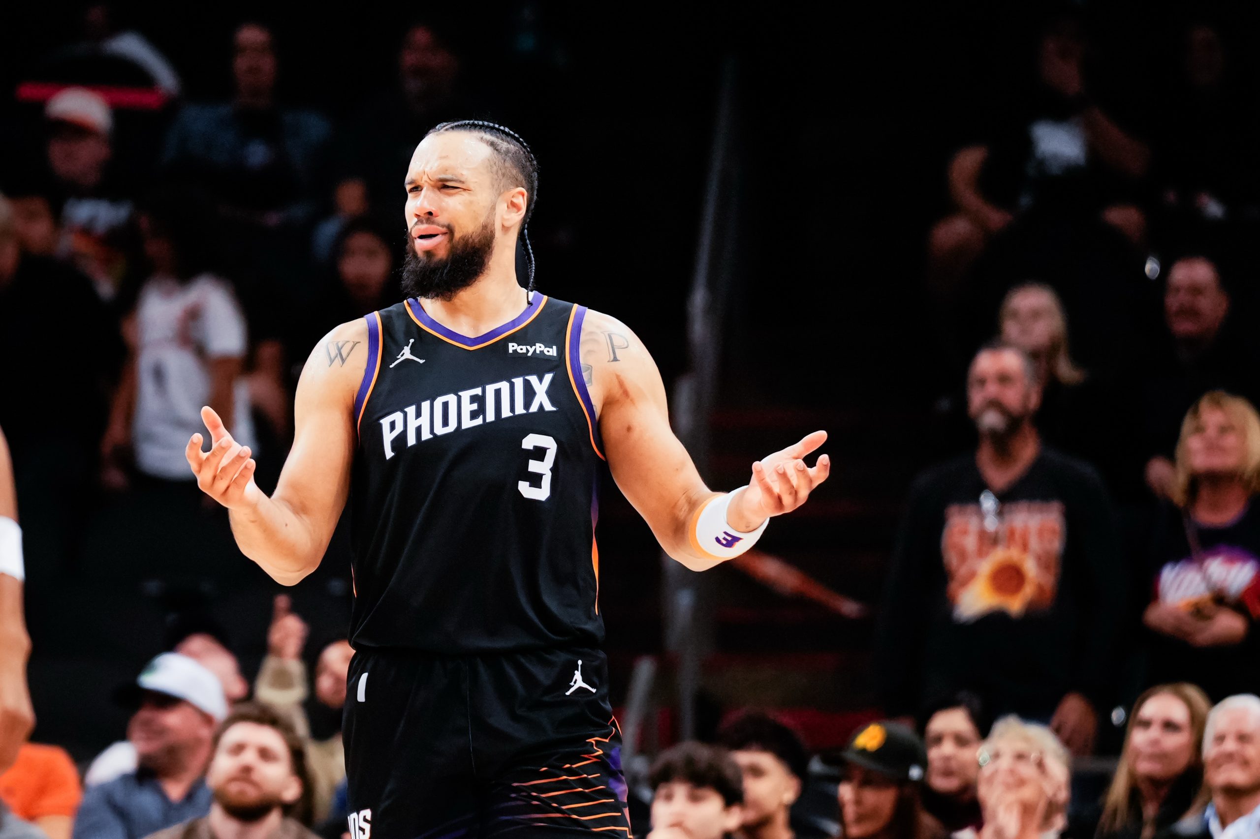 Feb 10, 2026; Phoenix, Arizona, USA; Phoenix Suns guard/forward Dillon Brooks (3) reacts to a call in the second half of the game at Mortgage Matchup Center. Mandatory Credit: Arianna Grainey-Imagn Images