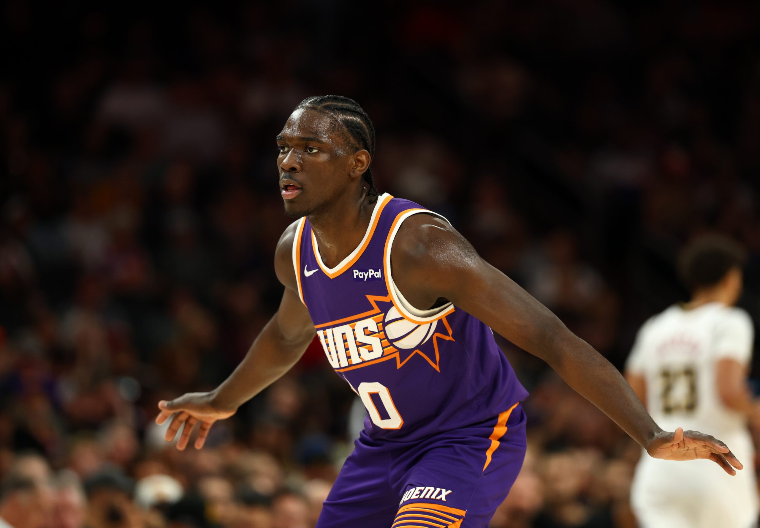 Mar 24, 2026; Phoenix, Arizona, USA; Phoenix Suns forward Rasheer Fleming (20) against the Denver Nuggets at Mortgage Matchup Center. Mandatory Credit: Mark J. Rebilas-Imagn Images