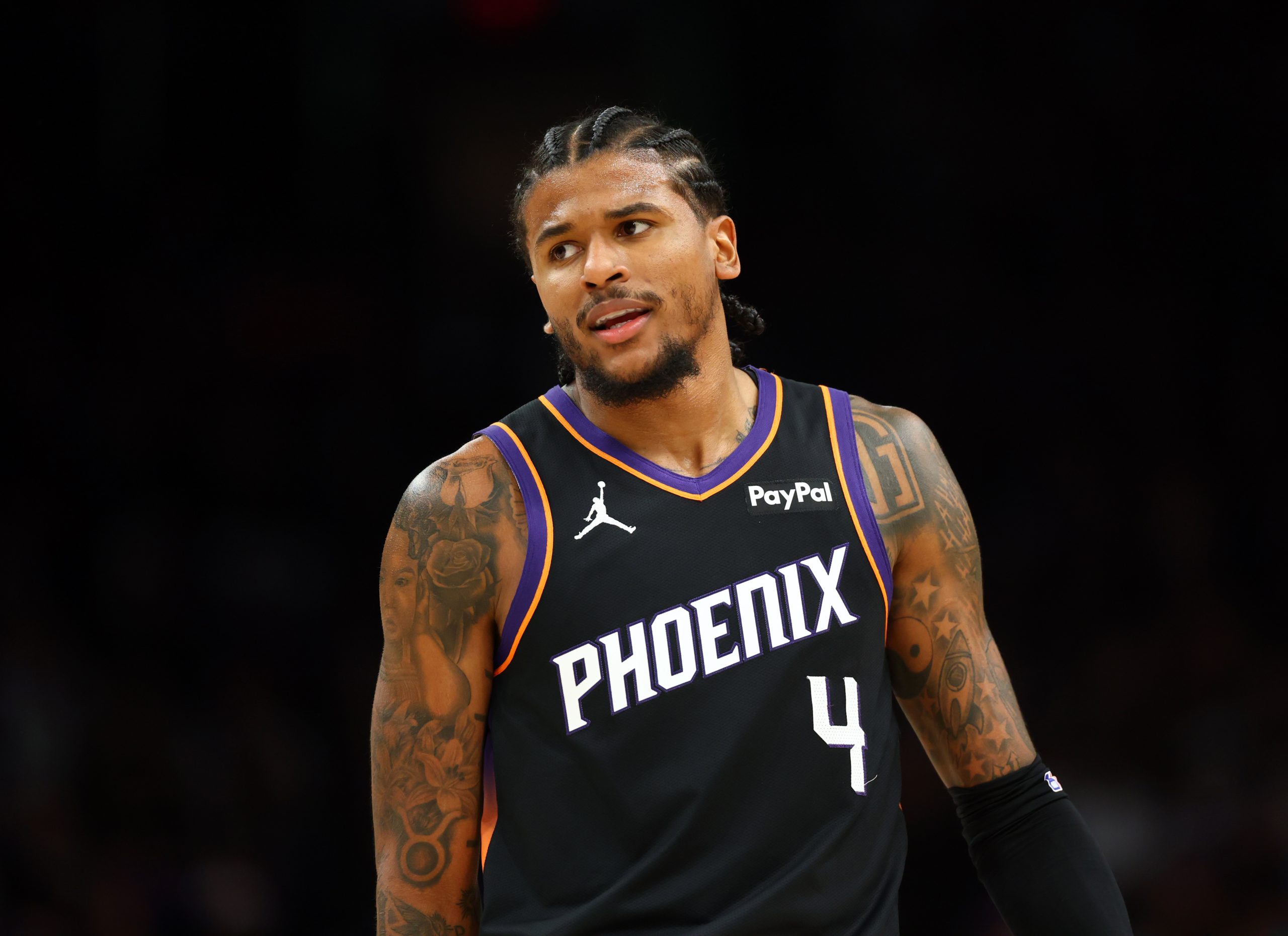 Apr 14, 2026; Phoenix, Arizona, USA; Phoenix Suns guard Jalen Green (4) against the Portland Trail Blazers during the play-in rounds of the 2026 NBA Playoffs at Mortgage Matchup Center. Mandatory Credit: Mark J. Rebilas-Imagn Images