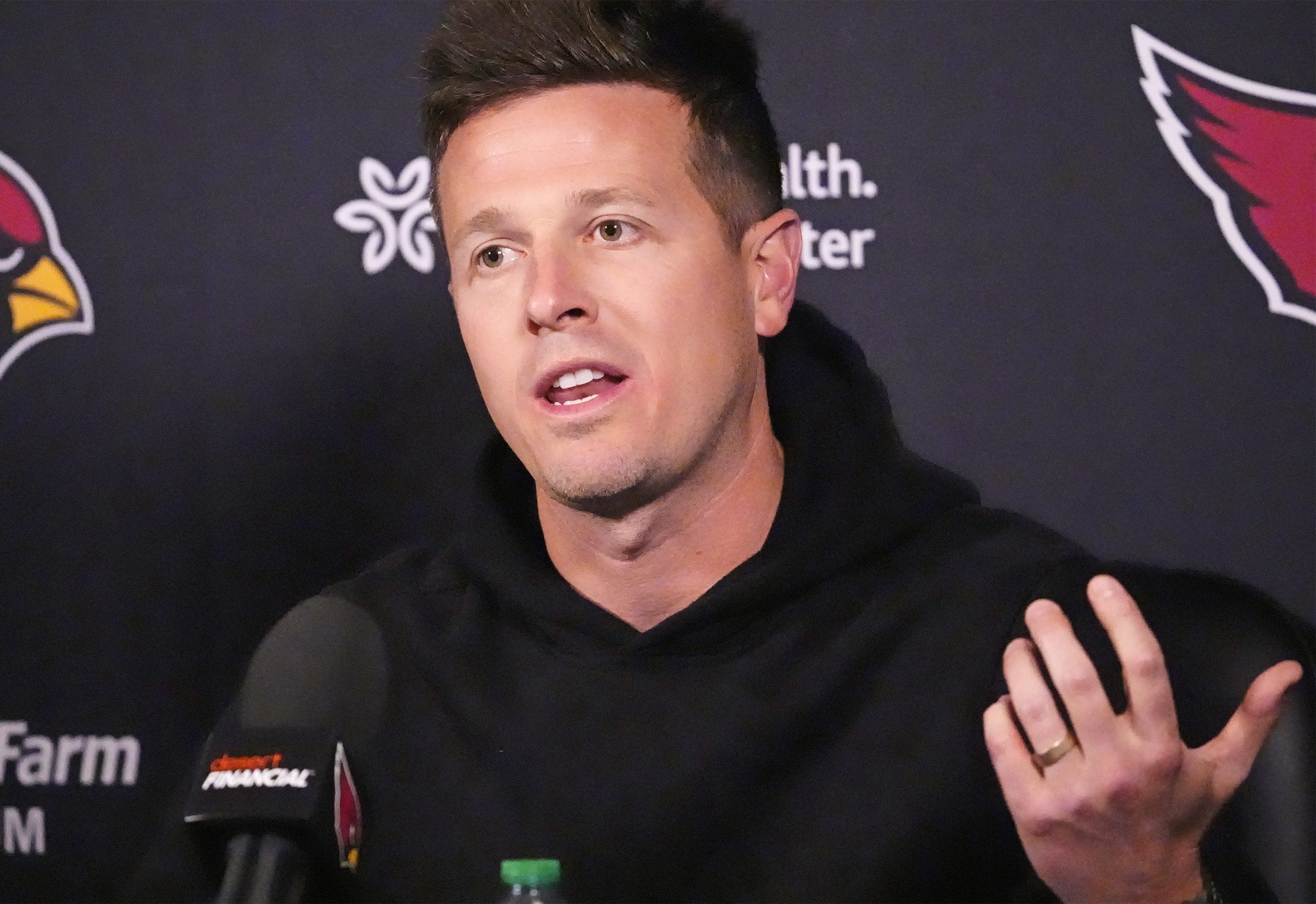 Arizona Cardinals head coach Mike LaFleur during a pre-draft news conference on April 16, 2026, at the Arizona Cardinals training center in Tempe.