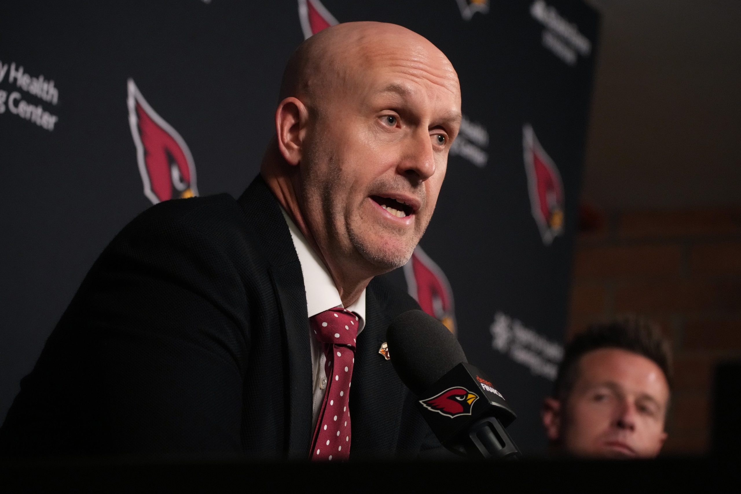 Arizona Cardinals general manager Monti Ossenfort speaks during a press conference at the Arizona Cardinals facility in Tempe after the first round of the NFL Draft on April 23, 2026. Syndication: Arizona Republic
